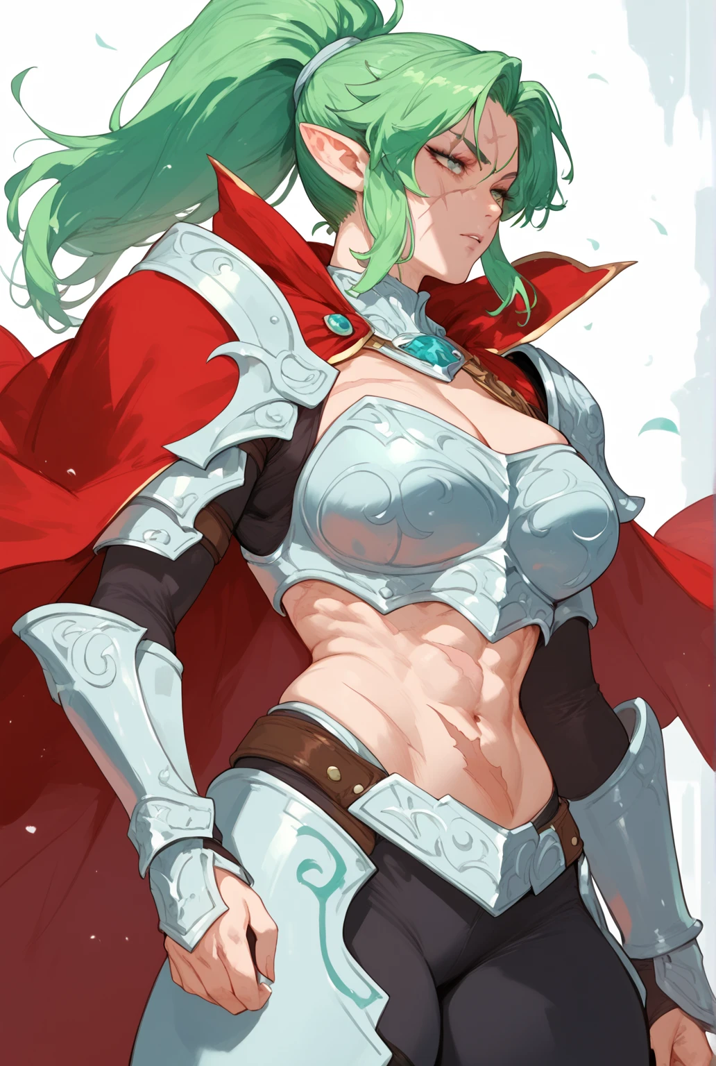 In the realm of anime, a 27-year-old woman with a distinct appearance stands out. Her hair, a vibrant green, is adorned with small bars, adding an unique touch to her style. She's clad in heavy armor, a silver suit that gleams under the light, with intricate details in red, creating a contrast that is visually striking. The armor includes greaves and plates, each piece meticulously crafted and polished to perfection. Over her shoulder, a red cape flows, catching the wind and billowing out, while her eyes, as red as her cape, glimmer with an unknown intensity. With this stunning visual, you can't help but be