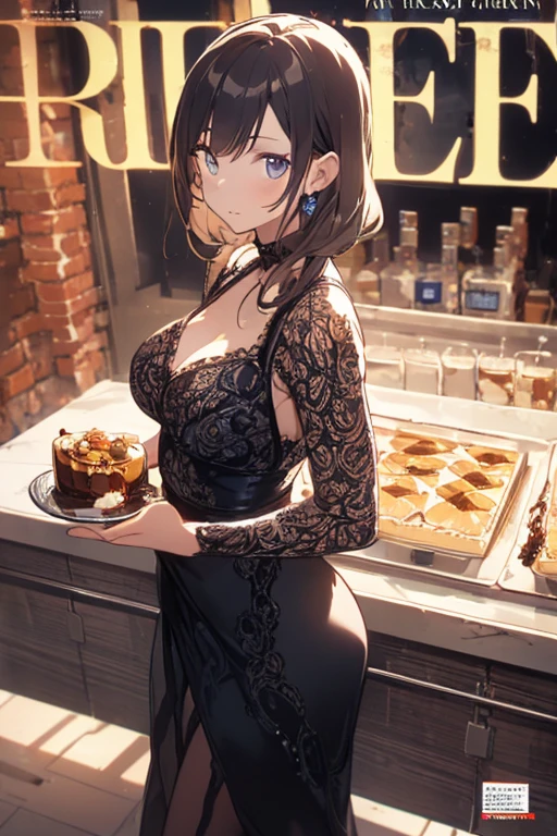 (((Masterpiece))),(((Super Detail))),(((in 8K))),(((best composition))),(((Rim lighting,Fireglow effect,deep shadow))),solo),Beautiful fingers,Detailed finger features,(Detailed hair features:1.7),(Dynamic and sexy bending pose:1.3),detailed facial features,detailed clothes features, (perky chest:1.1), (pointed chest:1.3), delicate beautiful face, Bright blue eyes, cute eyes, sparkling eyes, Big eyes, beautiful detailed eyes,double bun with glittering hair ornament:0.6,(super detailed glossy skin:1.3),slender body,goddess smile,((with sparkling eyes and a contagious smile)),beautiful posture,have a cup of coffee,black hair, red eyes, dress, bare shoulders, jewelry, collarbone, sidelocks, hairband, earrings, indoors, off shoulder, sweater, arms behind back, plant, short hair with long locks, white hairband, off-shoulder dress, sweater dress, off-shoulder sweater, red sweater, big side hair, very long side hair,(super delicate floral pattern:1.2),seductive cleavage:1.3,beautiful glossy legs,shiny red high heels,lifting dishes with cakesd,french restaurant,hustle and bustle,rising steam,(((depth of fields)))