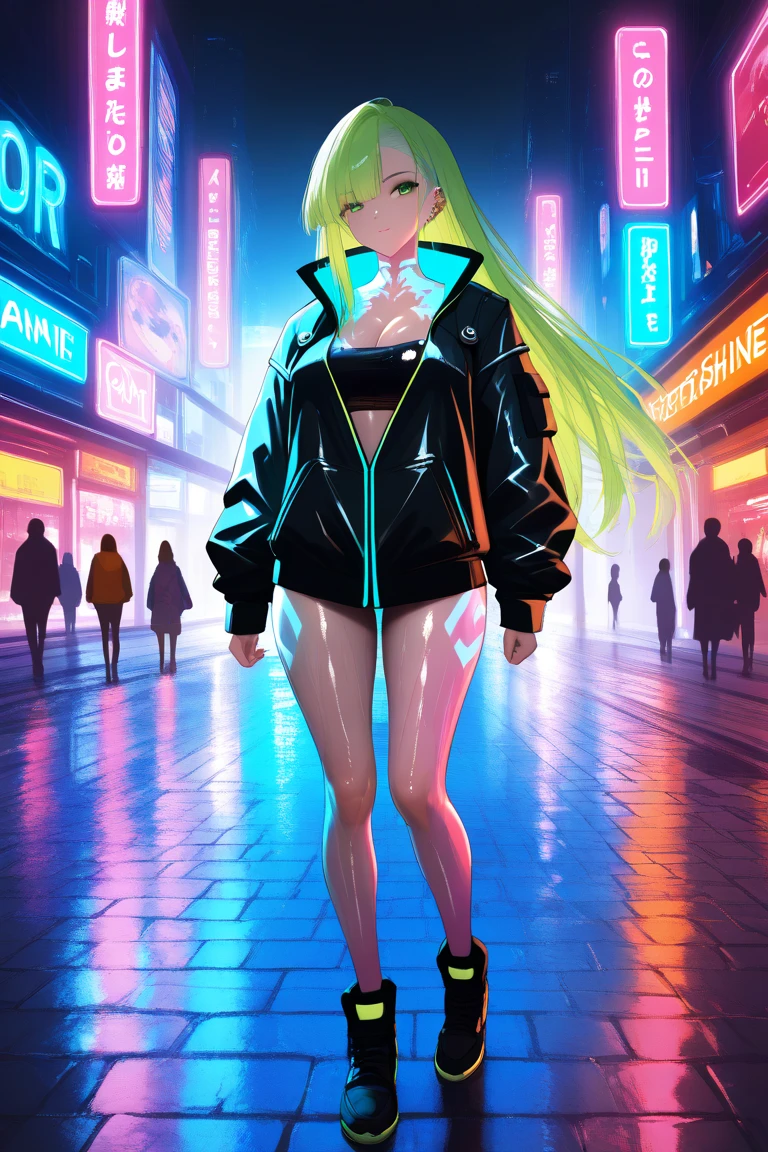 1woman (green eyes, white skin, long black hair, ponytail, choker, small breasts, lipstick, makeup, eyeliner), hugging her blond friend, wearing a neon sexy outfit, on the pool, (cyberpunk theme), (masterpiece, best quality, 8k, sharp focus, depth of field, best shadows, perfect lights, HDR, realistic skin texture, ultra-detailed and detailed background),