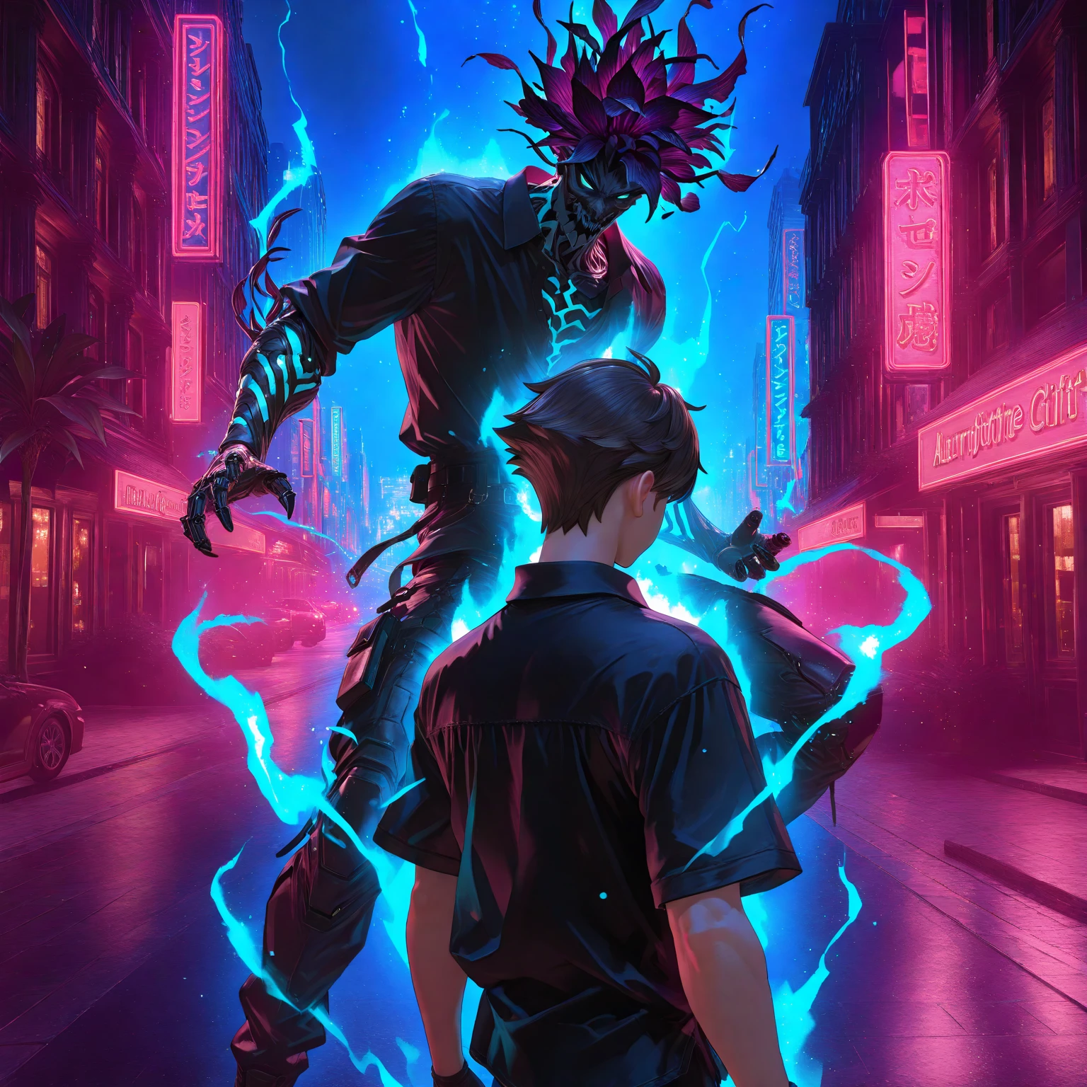 Tattos, A titanic cosmic beast with tentacles hovers above a gleaming metropolis, illuminated by the dazzling panel lights of skyscrapers. The city's inhabitants look up in alarm, while a brave teenage rapper stands defiantly, ready to battle the enormous monster. Cinematic, intense, colorful, futuristic