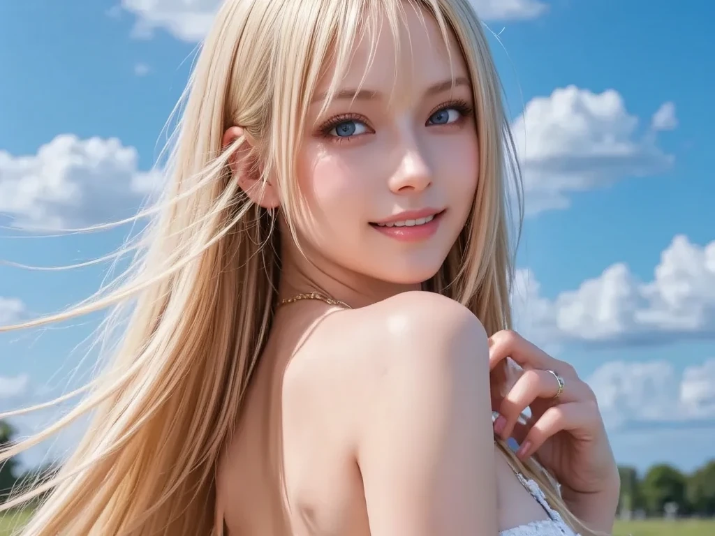 beautiful japanese girl　(whole body:1.2) platinum blonde thin hair　Detailed complex hair　Super Long Straight Silk Hair　asymmetrical bangs、magical beautiful eyes　moist black eyes　black off shoulder mini skirt dress、Fair skin、smooth and soft skin、shiny face、bright makeup、pale pink lips、smile、16 year old girl、hill with sea view、clear focus、smoothness、aesthetics、professional lighting　professional photographer