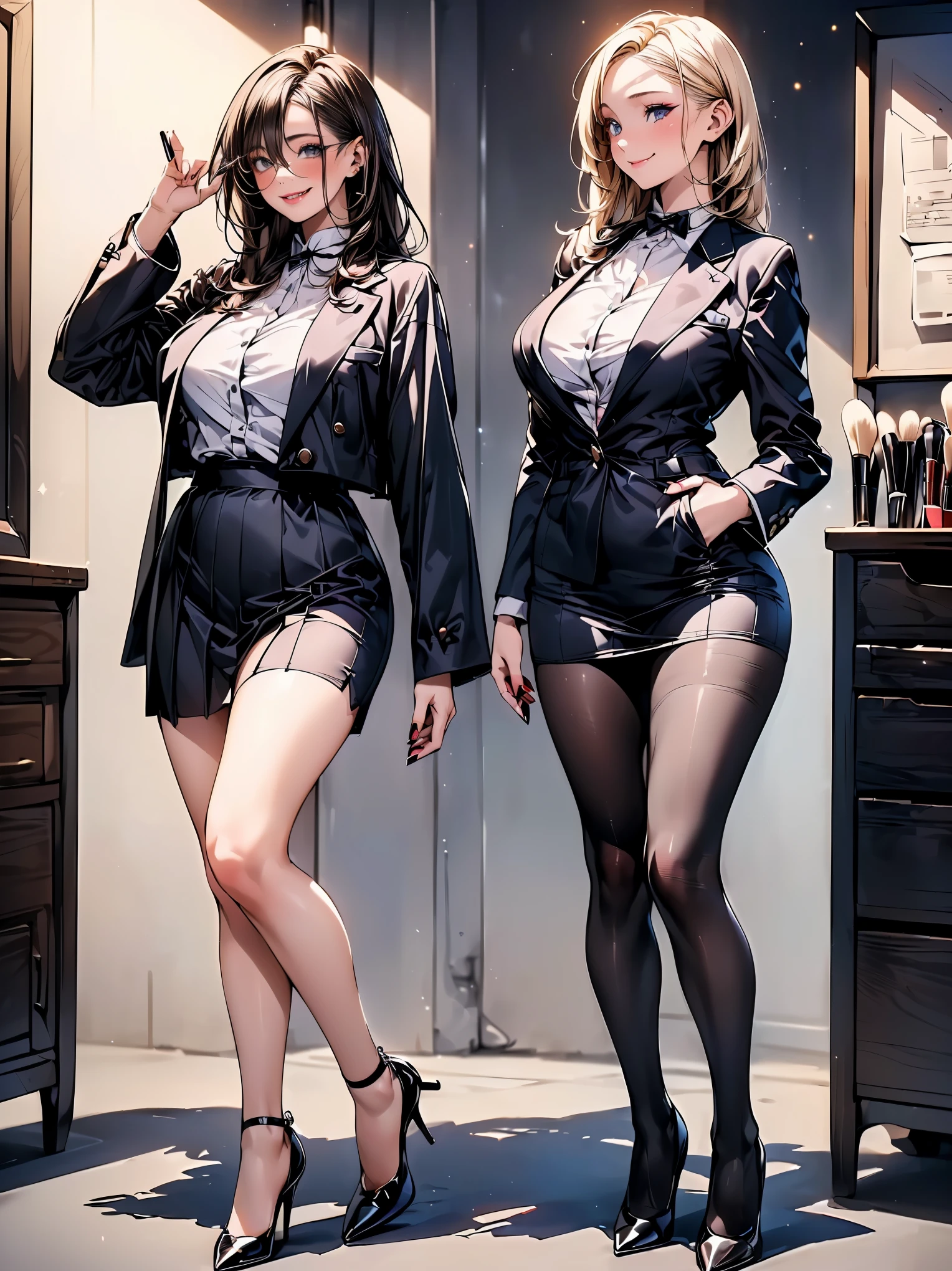 2 heads,Photo of a 50-year-old woman with brown hair, a captivating gaze, Brown eyes, Wrinkles on her face, Black pantyhose,Black High Heel Boots,She wears very sexy lingerie underwear、、Revealing her large sagging breasts, Light makeup and red lips. 32K