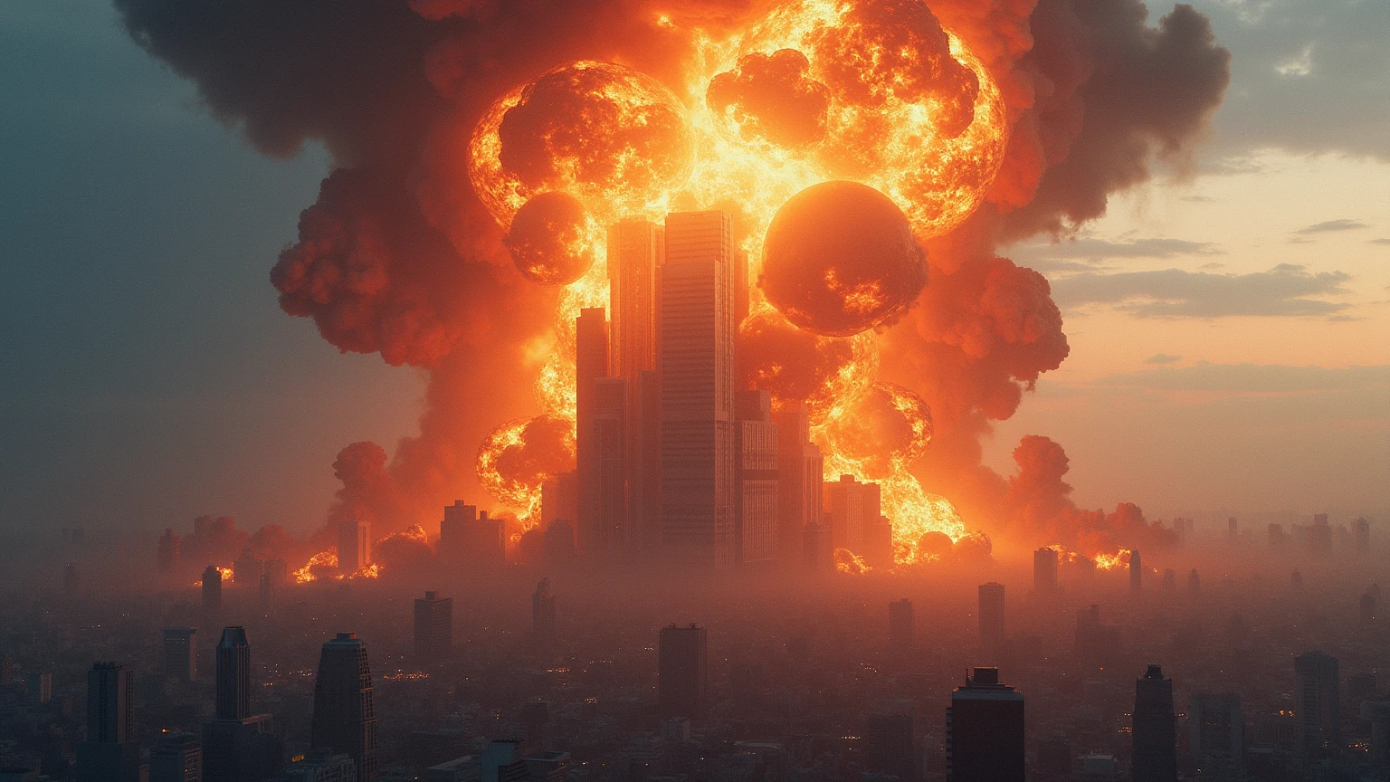 millions of people died on the city due to nuclear explosion, buildings burning behind, dystopian world, cinematic beeple, bipe. octan render, beep rendering, estilo cyberpunk hiper-realista, dystopian scifi apocalypse, 3d render bipe, digital concept art of dystopian, arstation e bipe altamente, beeple global illumination