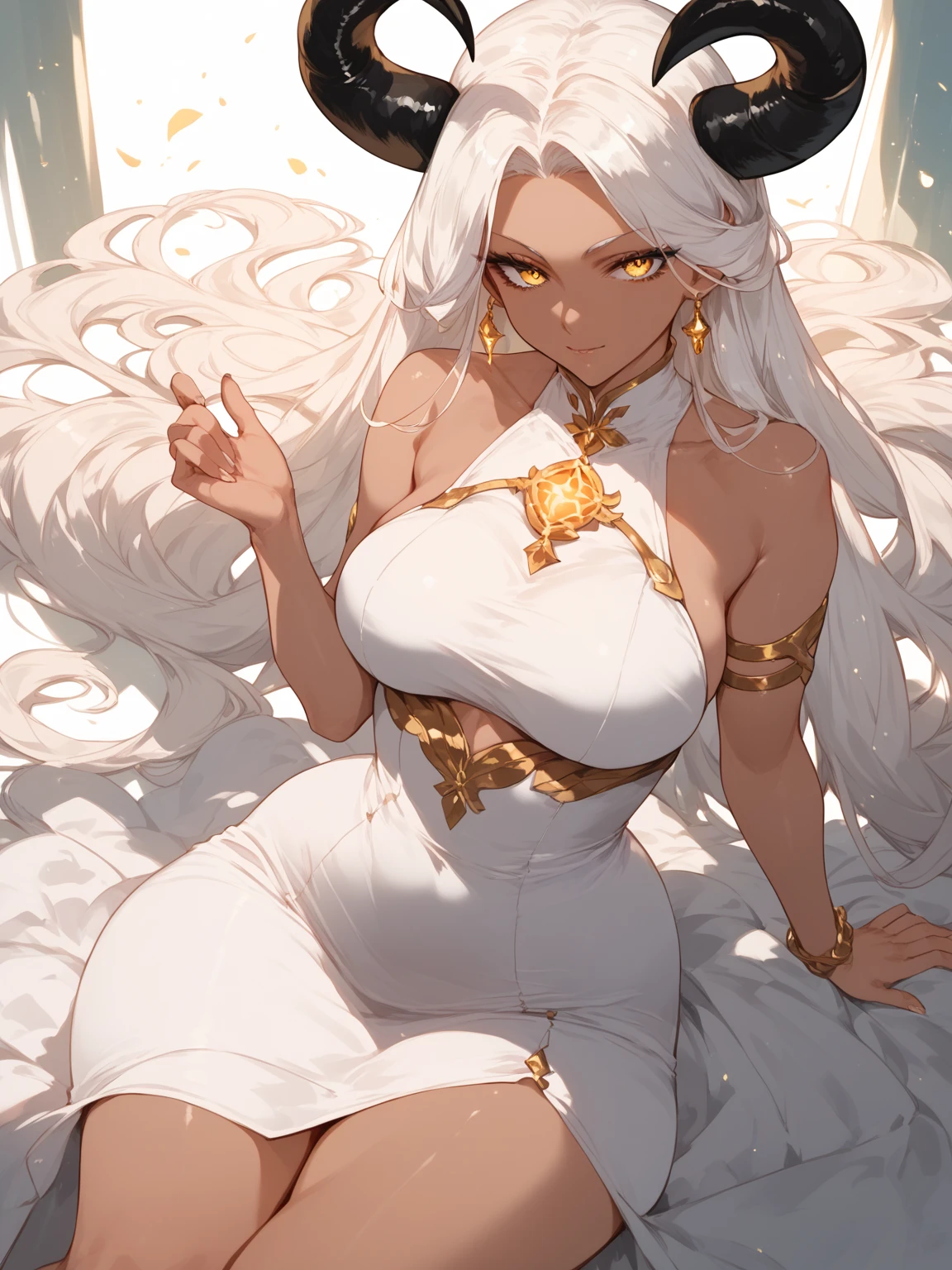 1 beautiful woman, tanned skin, long braided silver hair, ((golden eyes, detailed eyes:1.2)), medium breasts, wearing translucent white toga, sleeveless, sideboob, elegant, sensual, (masterpiece, top quality, best quality, official art, beautiful and aesthetic:1.2), extreme detailed, colorful, highest detailed, unreal engine 5, 8k