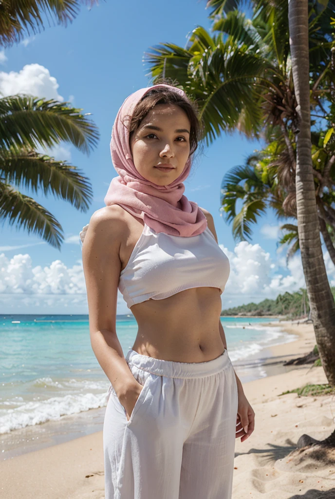 ( Close Up),RAW, Best quality, high resolution, masterpiece: 1.3), beautiful Malay woman in hijab, Masterpiece, perfect fit body, Big breasts, thick thighs, beautiful big eyes, mole under the eyes, long eyelashes, big eyes, beutifull face, Soft smile, woman in a red hijab standing on a beach, wearing red floral chiton, wearing floral chiton, flowery, flowery dress, wearing a long flowy fabric, floral clothes, colourful pastel, floral!, Soft turtleneck, Great lighting, Bright colors, Clean lines