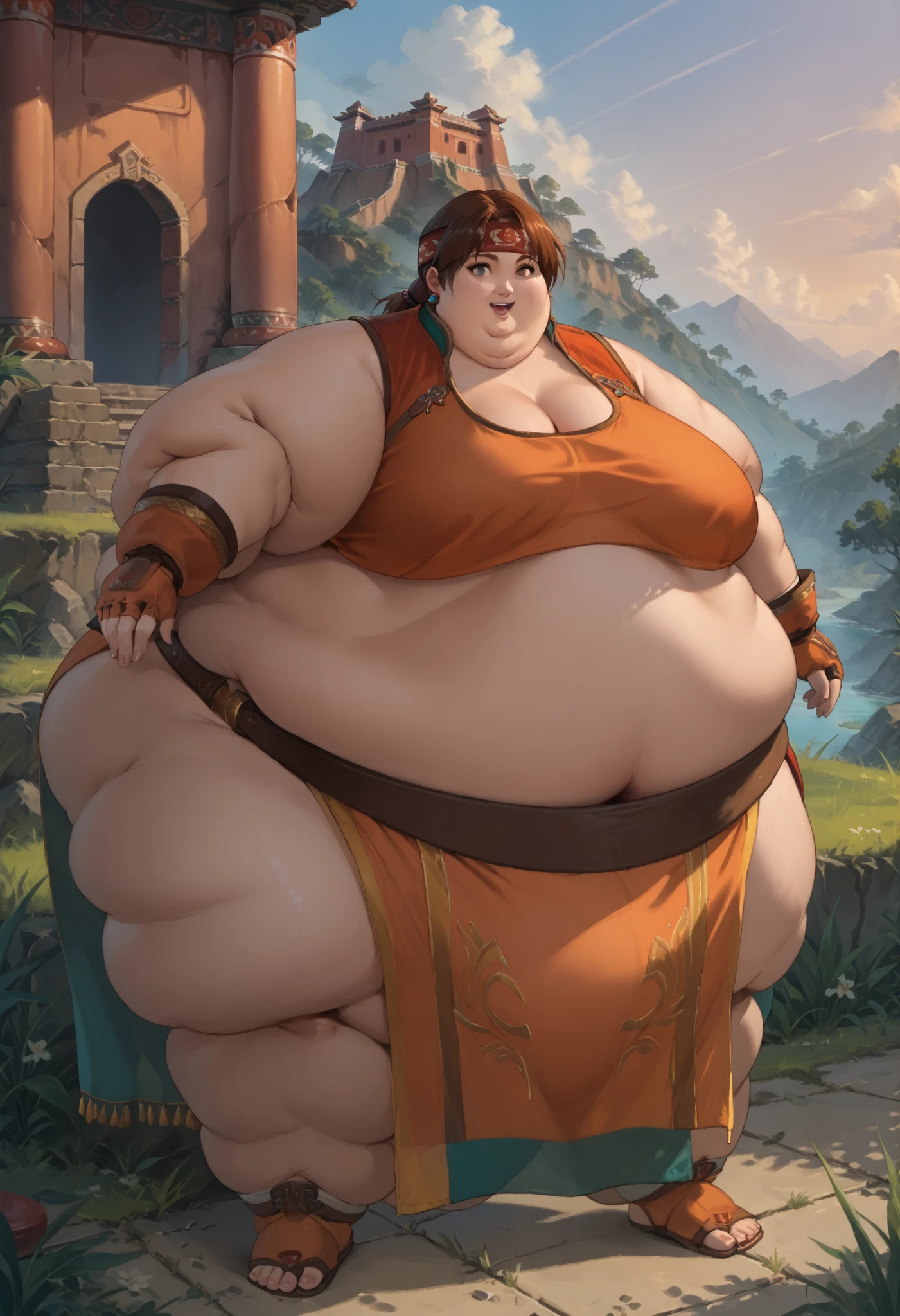 score_9, score_8_up, score_7_up, source_anime, BREAK solo, 1 girl, SNGMINASC2, brown hair, low ponytail, headband, orange sleeveless crop top, cleavage, midriff, loincloth, armlet, fingerless gloves, smile, open mouth, looking at viewer, breasts, 1 girl, solo, grass, temple, sky, full body