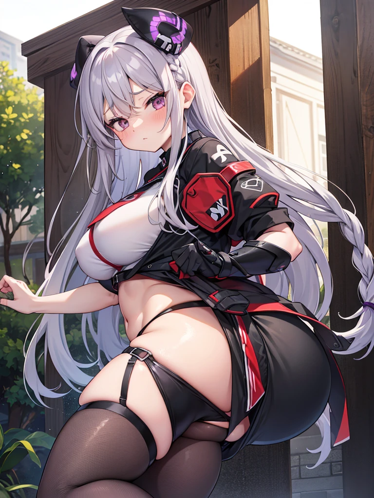 absurdres, highres, animal ears, black hair, red eyes, blush, medium breasts extra ears, lace-trimmed panties, lace trim, long hair, mouse ears, mouse girl, mouse tail, multicolored hair, navel, no pants, parted lips, pubic hair peek, through clothes, underwear, white hair, viewer from behind, focus on ass