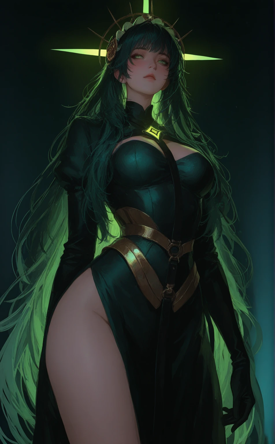 ((Jade from mortal kombat series))(she has big glowing green eyes)(tanned skin)(bright red lips) (long straight black hair)((very huge breasts)) (perfect slim body) (wears green outfit, long green gloves, long green stockings), (hold on hand metallic stick) (posing sexy inside a dark temple) (high definition, volumetric lights and dinamic shadows)((masterpiece))(8k)(perfect face)(ultra details) (perfect hands, eyes, and face)