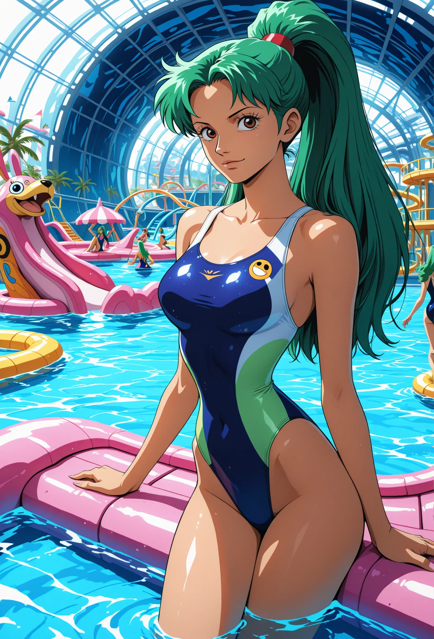 1girl, nefertari vivi, one piece,blue long hair,All back hair,ponytail, twist pattern swimwear, fur night pool,neon light,floating lights,masterpiece, best quality, absurdres