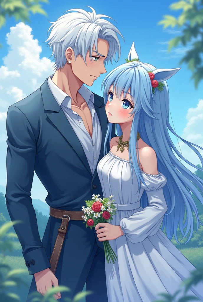 Anime girl with long gray hair and blue eyes, 18 years old, wearing a long blue and white dress, red cheeks, riding a horse in front of a 26 year old boy. Brown hair, green eyes, very handsome, sharp and serious features, holding the girl sitting in front of him on the side on the horse, wearing a formal suit, the horse is white with yellow hair 