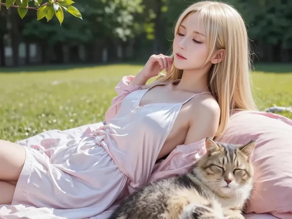 ((best quality)), ((masterpiece)), (detailed), perfect face beautiful blonde woman, a stunning blonde woman with perfect facial features and captivating eyes, large chest with cleavage, holding a beautiful cat who gazes serenely from her lap, conveying a sense of mystery and complexity, illustration, a detailed digital illustration capturing the surreal and complex nature of the scene