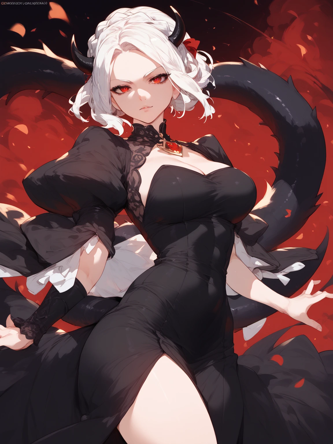 white Long Elegant Ponytail, black evade dress, White Bunny Ears, Caption General Cross Cap, white eyes makeup, Dual Dark evil sword, Neck Stitches, Tall, Bigger Chest, Thick Torso(beautiful detailed girl)