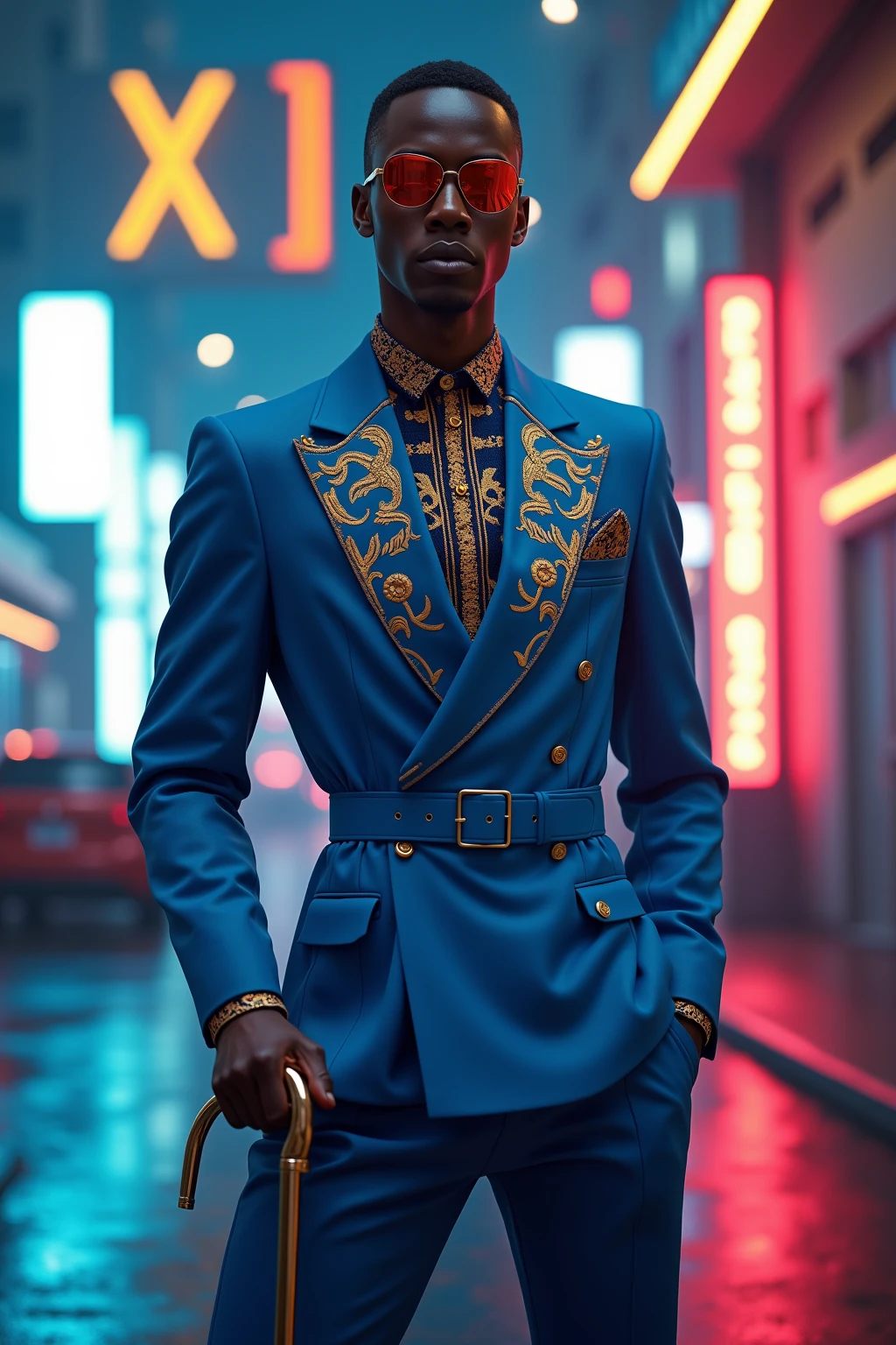 ((Masterpiece)), ((Ultra-detailed 8K)), (Photorealistic), a young Black man in a sharply tailored electric blue suit with exaggerated shoulders and a cinched waist, standing confidently in a futuristic cityscape. His ensemble features intricate gold embroidery inspired by African motifs, paired with a high-collared shirt and polished oxford shoes. Reflective sunglasses and a metallic cane add a modern twist. The background glows with neon lights, blending tradition with futurism. (Afro-futurism:1.3), (Vibrant color palette), (Cinematic lighting), (High fashion editorial style).