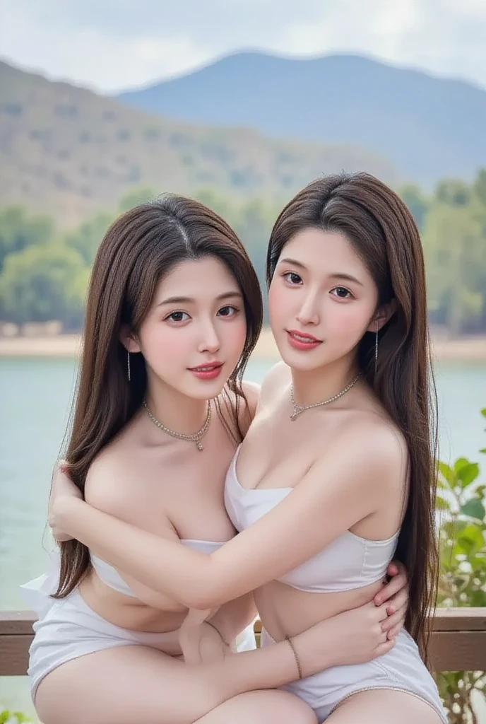 3 cute girls, naked, small body, small chest, no body hair, standing together, happy, smiling, highly detailed