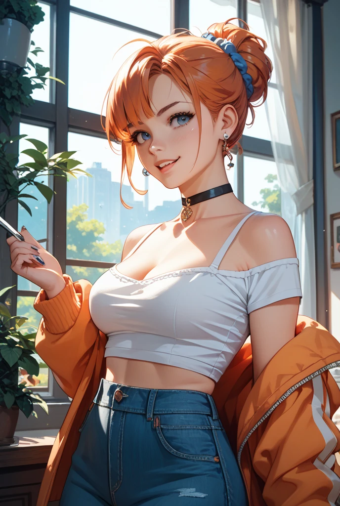 25-year-old anime girl in a white tank top, tight blue jeans and a short denim jacket in a landscape of a luxurious apartment with an orange cat on her lap and night view with a cup of tea in hand and playing with a ball of wool and a plant in the corner