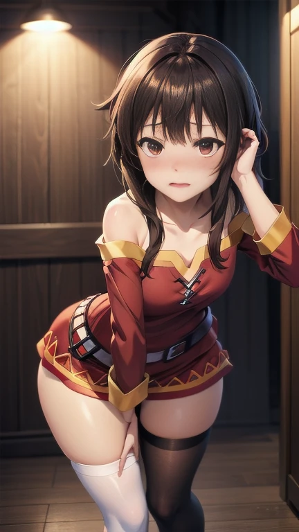 Megumin, KonoSuba, fantasy setting, short skirt, petite figure, panty shot, casting magic, explosion