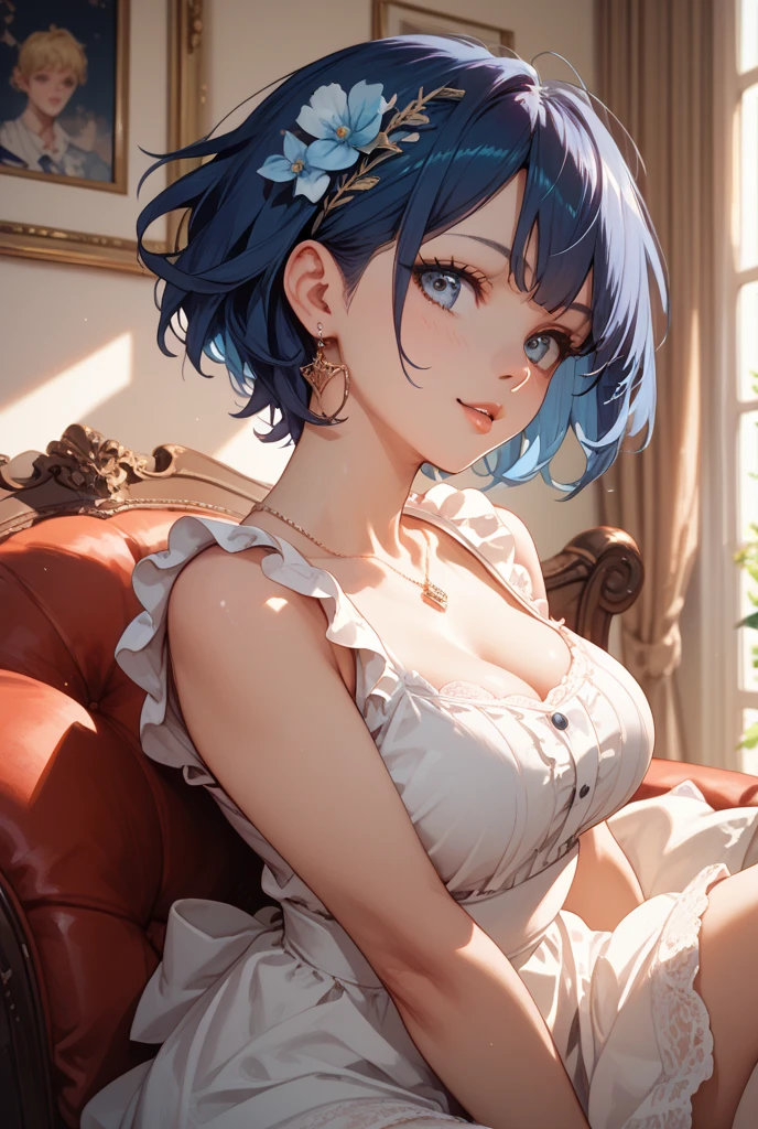 Beautiful Girl, Navy Blue Hair,short hair(Inward Curling Bob) ,blue eyes,Navy Blue Dress, Big Tits、blue earrings,In close range、blue necklace、Poses that accentuate the chest、Firm breasts