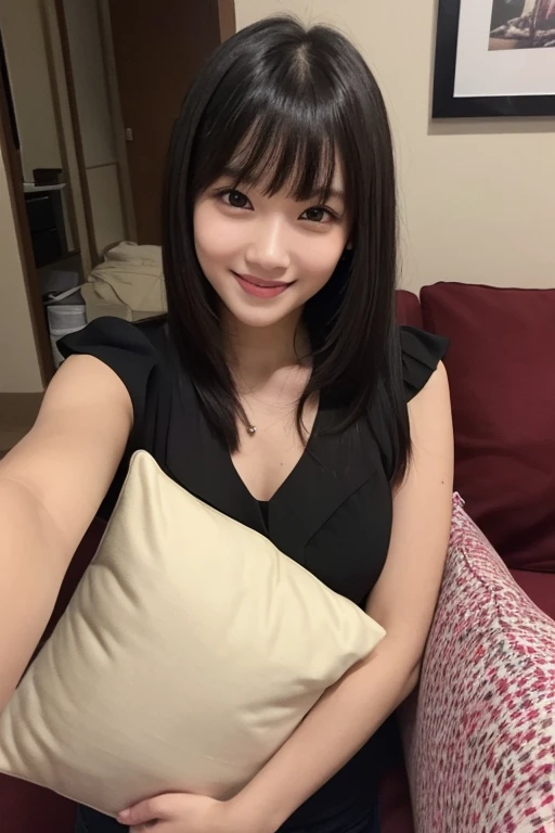 masterpiece, Best quality, Skinny Japanese woman, 40 years old, sexy nightwear, on the bed in a hotel room, correct body structure, slight smile, perfect face, detailed face, detailed eyes