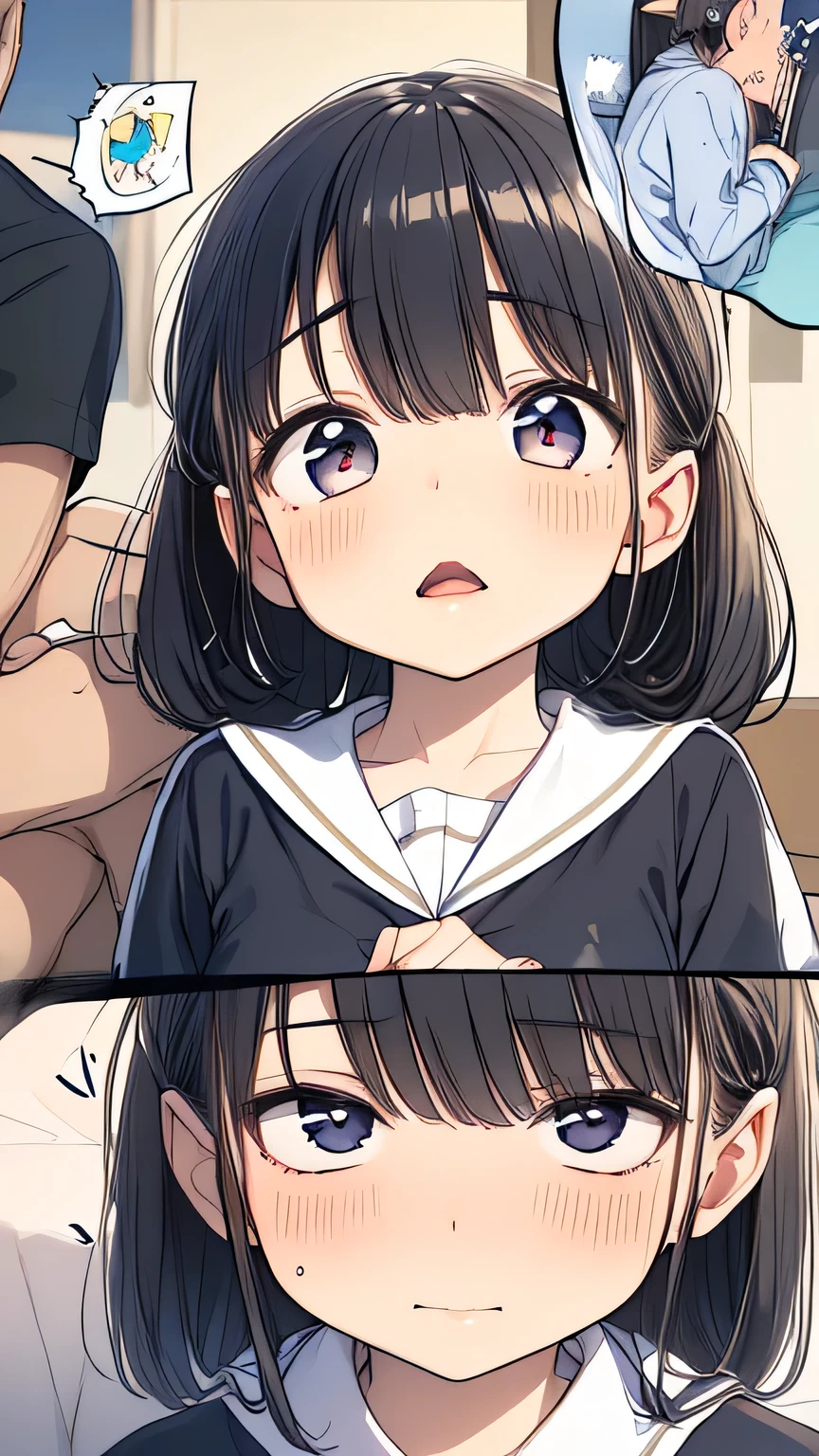 One big girl middle-aged man Hit a girl's face The moment it hits your cheek Clean hit obscene sound effect speech bubble motion line floating on impact and is wearing clothes