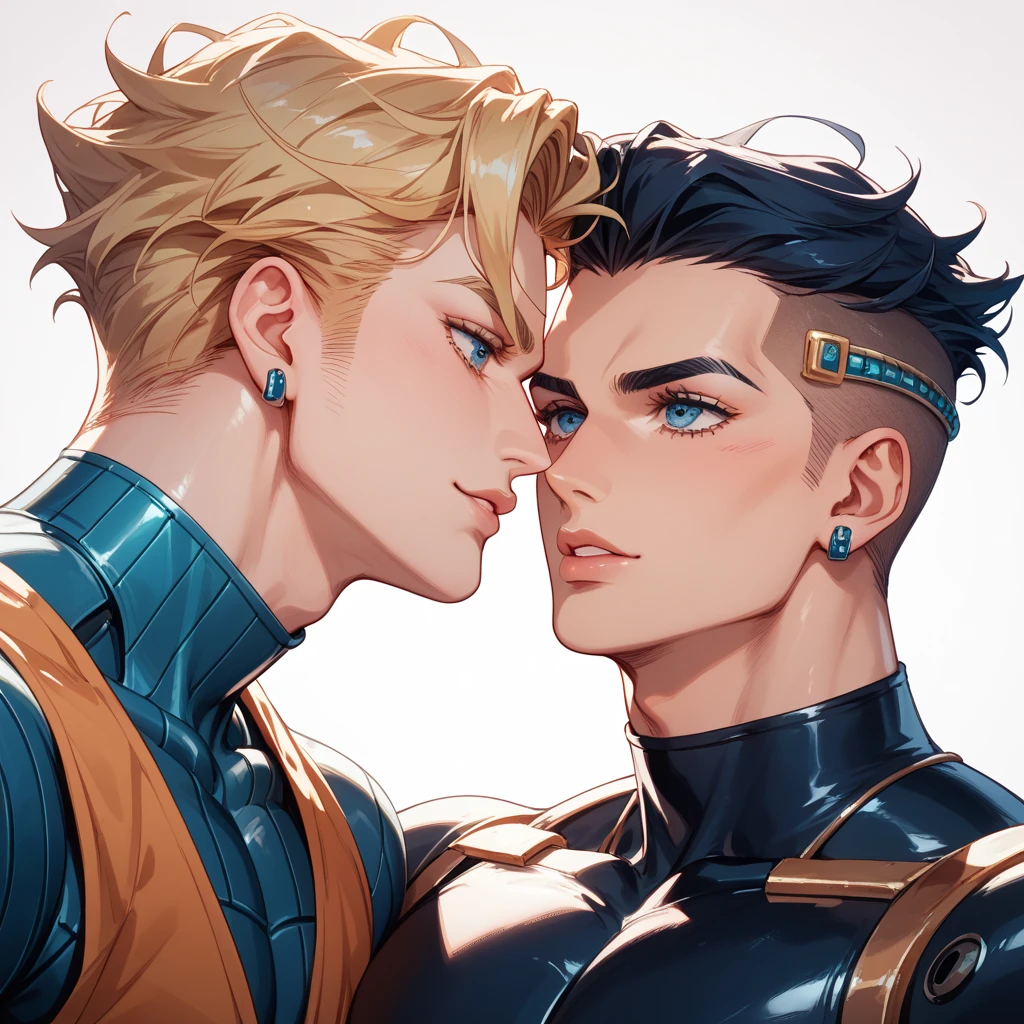 2 gay males with 8 packs in yellow and blue latex rubbing their cocks together