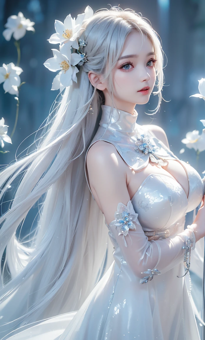 ((alone、A woman wearing a long halter dress、Elegant woman posing:1.4、Detailed face、Bright expression、Younger, brighter, whiter skin、Best Looks、The ultimate beauty、Silver hair with dazzling highlights、Shiny bright hair,、arranged hairstyle:1.2、髪がWindで踊る、A little bit of sideboob is visible))(night、Wind、素晴らしい美しい自然のWind景、幻想的なWind景、Particles of light、White Dust、Dust flutters)