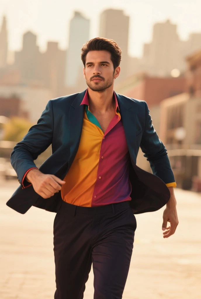 (absurdres, highres, ultra detailed, Ultra HD), ((tall handsome muscular man, solo, male model modern clothing, Full length portrait: 1.5, wearing colourful silk shirt and pants)), beautiful, gorgeous, wet, mature, perfect eyes, sexy gaze, (looking at the viewers romantically), perfect body, smooth skin, a hot glow in his skin, wide chest, largest breasts, extremely large pectorals, big nipples, breathtaking grandeur, model pose, colorful, artistic, focus on his calm facial features, elegant look, sexy posture, full body view,