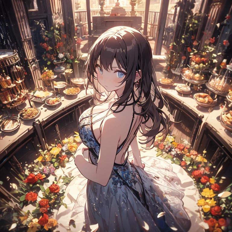 very cute and beautiful girl standing near window, (floral blue summer dress with detailed frills),sleeveless,detailed lace,(skirt lift,white panties), (highly detailed beautiful face),antique hotel bedroom with outside view,distant trees and ocean, cowboy shot,(smile),blush,looking at viewer,medium hair,black hair, (best quality,masterpiece:1.0),absurdres,highres,ultra-detailed,extremely detailed,32k,8k resolution, intricate details,cinematic scene,detailed background,solo,dynamic angle, natural lighting,light particles,beautiful detailed sky,realistic,