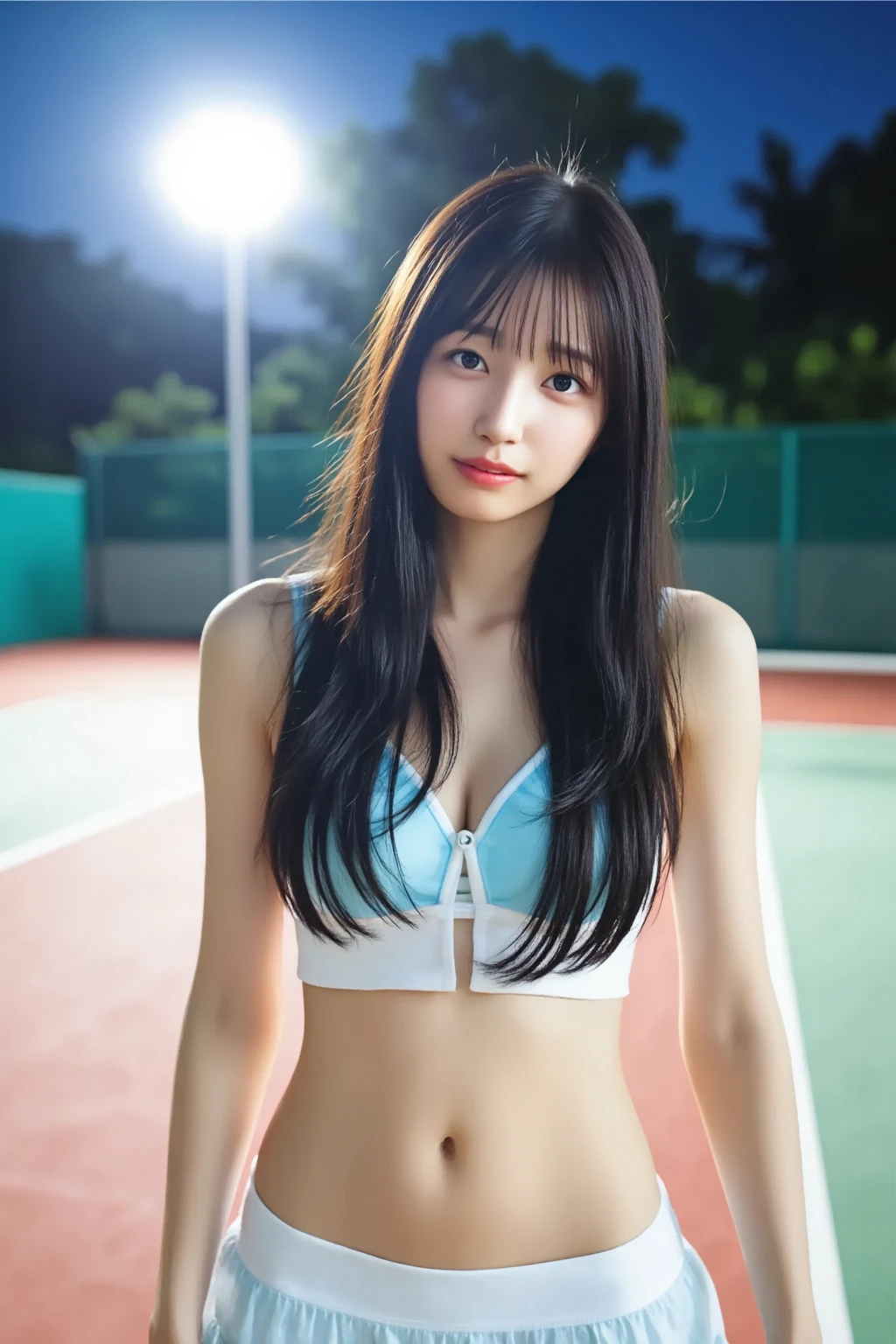 smile,, cuty teniss wear,micro skirt, Pink sexy panties are visible、thin abs,showing the belly button、((backshot)), Angle from ground to sky、all body focus, outdoor tennis field、,Slender、Are thin、Medium Hair,Highest quality、Clear details、32K image quality,Slender figure、thin body,flat chest,((Small breasts)),Girlish breasts、areola,cutey healthy hip,