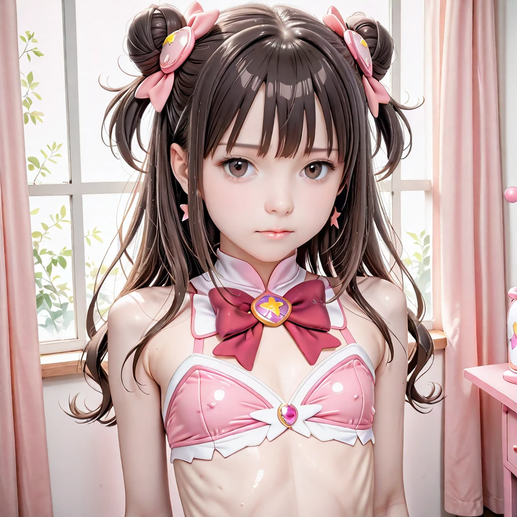 Shooting from behind、Butt、Japanese schoolgirl, Kiddie,Neon-colored cheerleader cosplay,No sleeve, (smile:0.7), Suggestive,(Hair Black hair:1), Cleavage, (Small breasts)