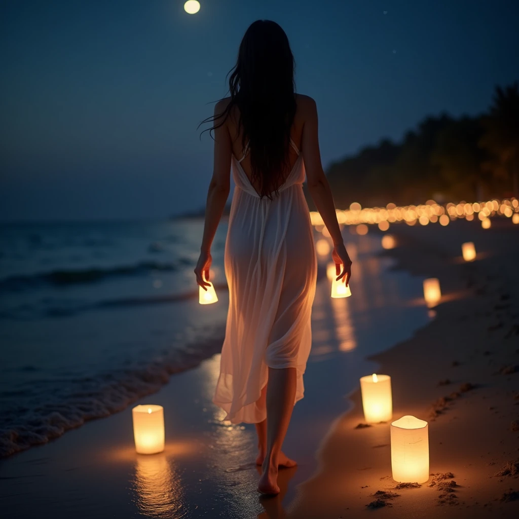 Enime style Create a mesmerizing shot of a serene beach at twilight woth starts filled sky, where the sand glows with the magical bioluminescent effect of the waves. Focus on the footprints left behind by a lady wearing long dress gracefully walking along the shore. Each step she takes leaves a trail of shimmering light, casting a soft, ethereal glow that mirrors the natural bioluminescence of the sea. Capture the delicate interplay between the glowing footprints and the surrounding luminescent sand, highlighting the enchanting beauty of the scene and the gentle, rhythmic motion of her walk. The image should evoke a sense of wonder and tranquility, showcasing the captivating fusion of nature’s light and human presence.