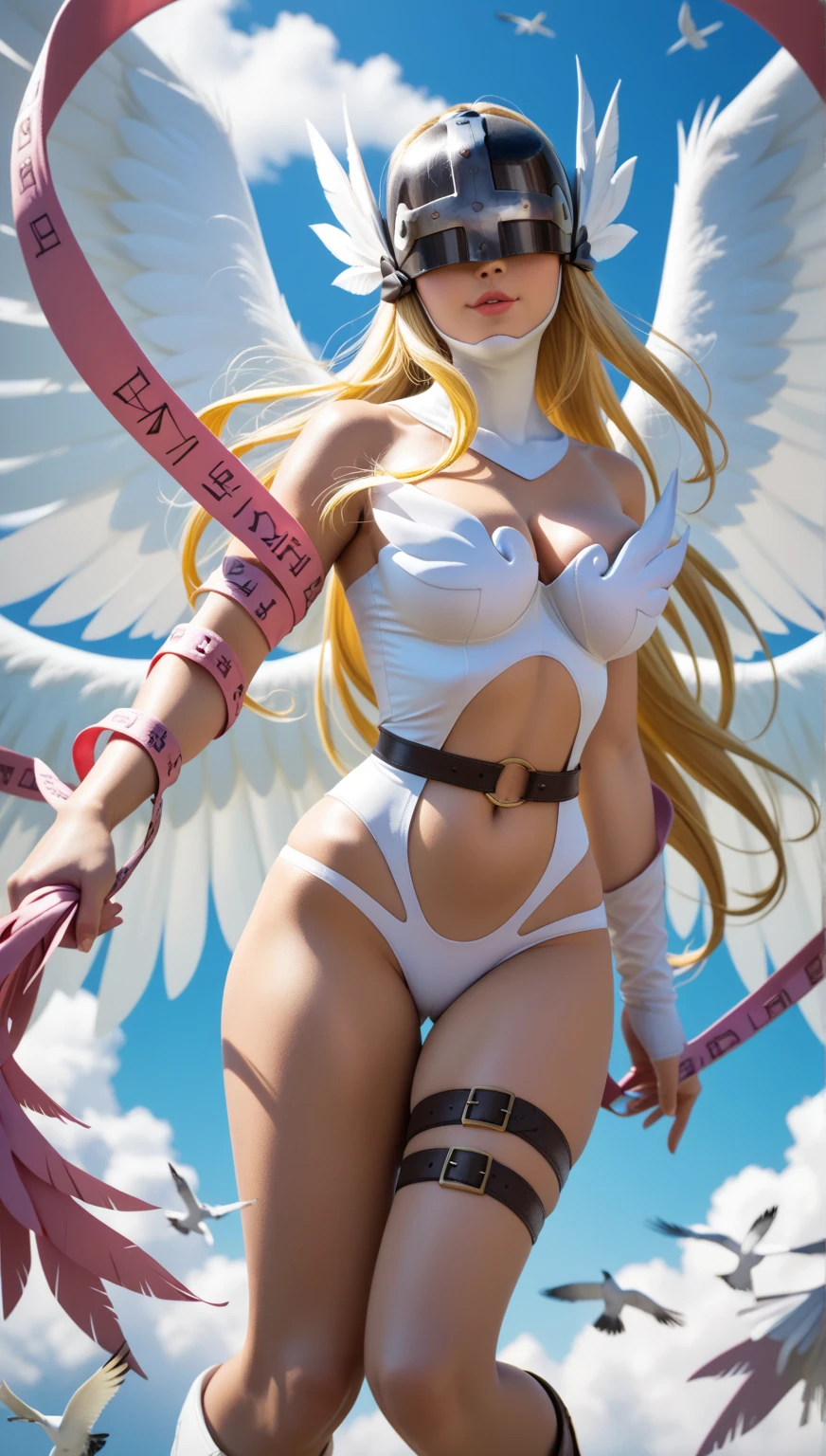 <lora:Angewomon_v1:0.9>,Digimon\(Angewomon\), helmet, outfit\(angewomon\),1girl,solo,large_breasts,