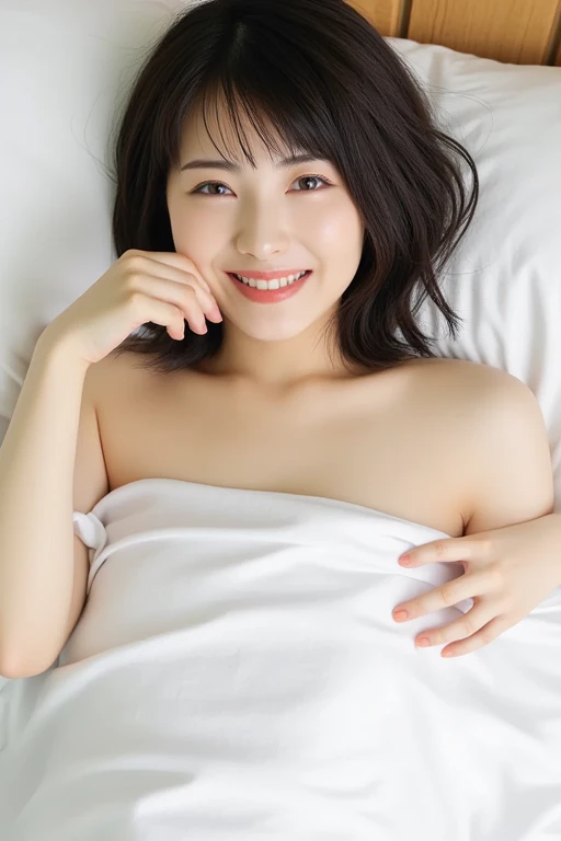 (Lying on the bedに寝ている)、masterpiece、Photo quality、(Detailed eyes、Realistic eyes)、Beautiful Japanese Mature、Shot from the ceiling camera、Sexy chest、Sexy thighs、Cotton tight skirt、(Lying in bed)、Updo、A classy smile、White blouse、Beautiful Eyes、The right move、The right foot、Lying on the bed、