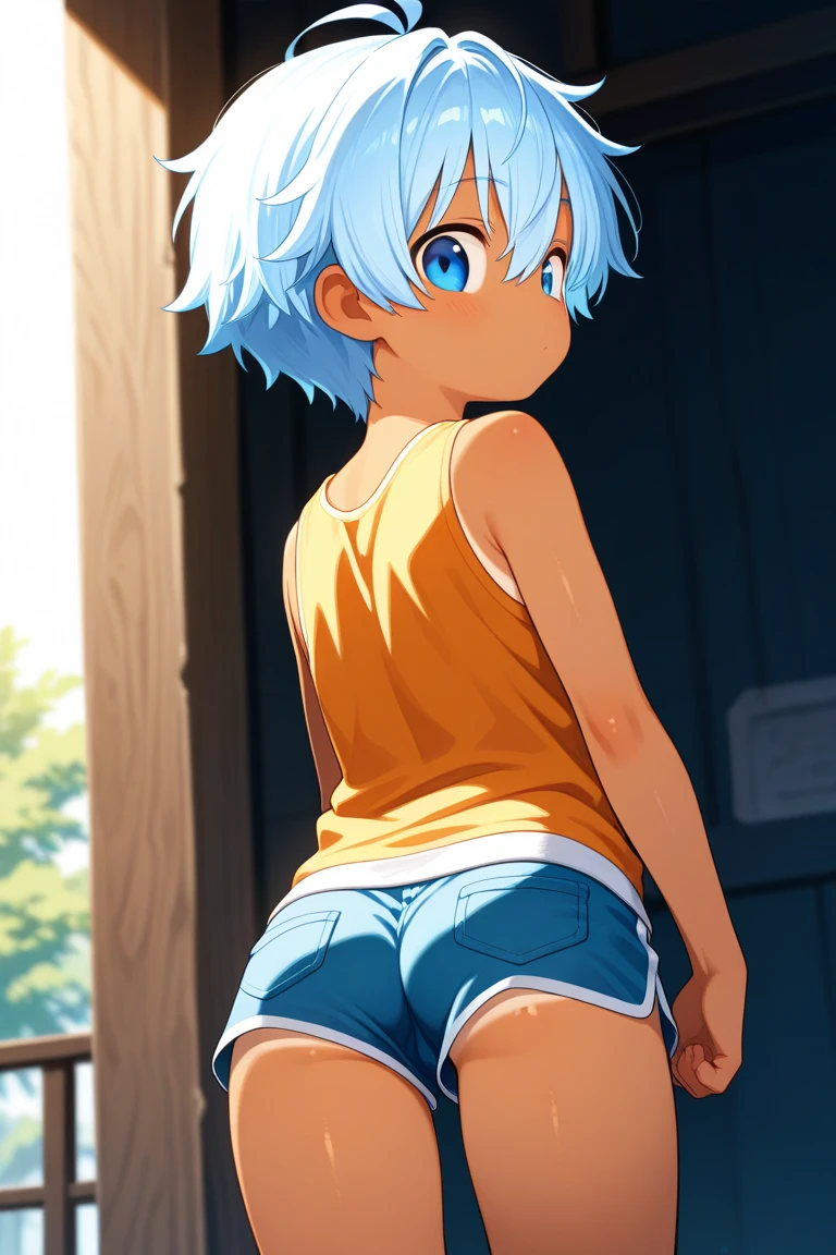 (boldline:-1.6), (nsfw), (dynamic pose:1.3), (arms behind back:1.3), (arched back:1.3), (spread legs:1.5), (standing:1.5), (((fang))), (((best finger))), BREAK (best quality:1.5), (absolutely resolution:1.5), (ultra detailed:1.5), (masterpiece:1.5), (perfect face:1.5), (detailed face:1.3), (detailed eyes:1.5), (best eyes:1.5), (cute face), (shota:1.7), BREAK (white tank top:1.3), BREAK ((micro:1.3) penis:1.4), (bottomless:2), ((see throgh wet clothes)), (bulge:1.6), (skinny:1.3), (spiked hair), BREAK (light blue hair:1.5), (wine red eyes:1.4), ((eyes with highlight)), ((mole under eye)), (sweaty skin), (chuckling:1.5), (open mouth), (blush:1.2), ((earrings)), (shiny skin:1.3), BREAK (nature), (river), (forest), (sunlight), ((wind blowing)), (nipple), abs, groin, water splashing, (long white socks) from below,