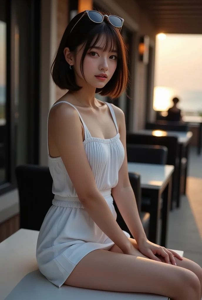 ((Best quality, 8k, Masterpiece: 1.3, raw photo)), Sharp focus: 1.2, 1 aespa girl, (realistic, photo-realistic:1.37), (face focus: 1.1), cute face, small breasts, flat chest, short messy hair, sitting, white summer casual, skirt, restaurant, bar, sunlight, cinematic lighting, from below