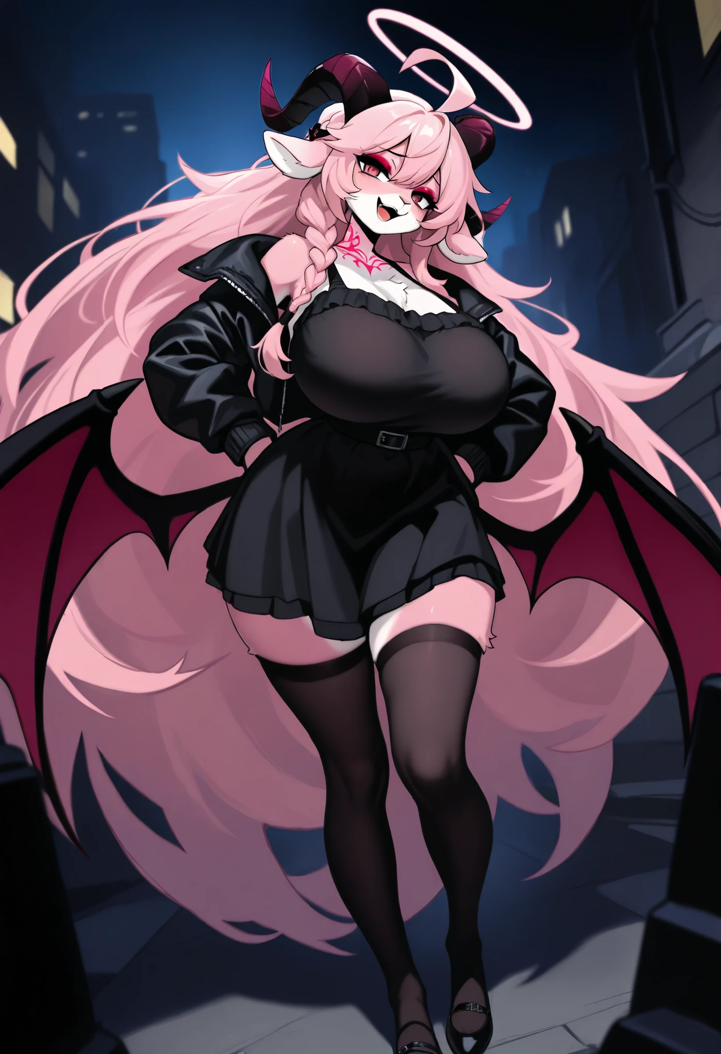Professional Photography, 8k, highly detailed, intense lighting, daytime photography, sun light,
BREAK,
slave choker, succubus girl, (bat ears), (succubus horns), (black skin:1.6), red eyes, smug eyes, (red glowing hair), straight red hair, big boobs:1.2, blush, thick eyeliner, ((red eyebrows)),
BREAK,
((((Layers of bright colorful accessories)))), sticker-covered platform heels, ((mismatched thigh-highs)), (oversized bows), (((((statement decora fashion))))), (((plethora of kawaii accessories))), the character starring in a Harajuku-themed fashion editorial for a renowned magazine, BREAK, the photoshoot takes place against (iconic Harajuku backdrops), capturing the essence of the district's diverse fashion culture,