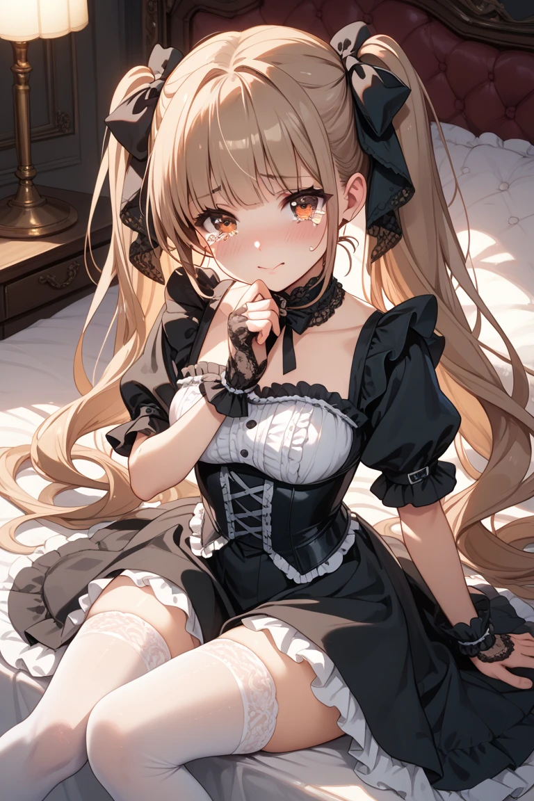 nsfw,((One man and one woman,Having sex)),Riding on top of a naked man,Showing off her nipples,masterpiece, best quality, highres, hmaw1, long hair, hat, black dress, long sleeve, black sleeves, white bloomers, cowboy shot, Simple Background
