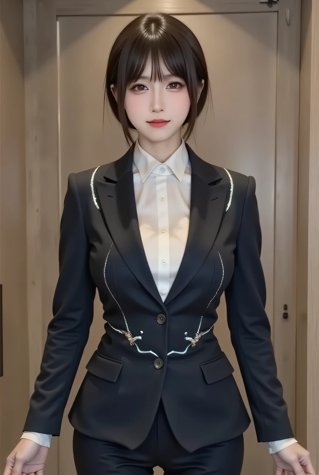 (Highly Detailed CG Unity 8K Wallpaper,masterpiece),(best lighting from above, best shadow, so delicate and beautiful),sf,(1 girl on break day),blue eyes, (( hair、short hair)), suits, standing up picture, 短いhair、Wrinkles in clothing :-2, wooden wall, (female android with jet:2、 Female Cyborg :2)、Transforming the Human World、Obedience、Obedience、subordinate, humanoid:1.5, 、Cleavage、Shirt open、suitsオープン、Big Breasts