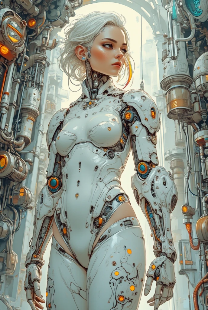 masterpiece, (best quality), (ultra-detailed), (ultra-realistic:1.2), landscape, sci-fi, transistorpunk, cyberpunk sex doll, biopunk sex doll, (magazine cover:1.4), (gray, white), female robot sex doll, mechanical, dynamic pose, dynamic angle, big breasts, luxury, (gold, silver, blue), neon lights, LED lights, nsfw