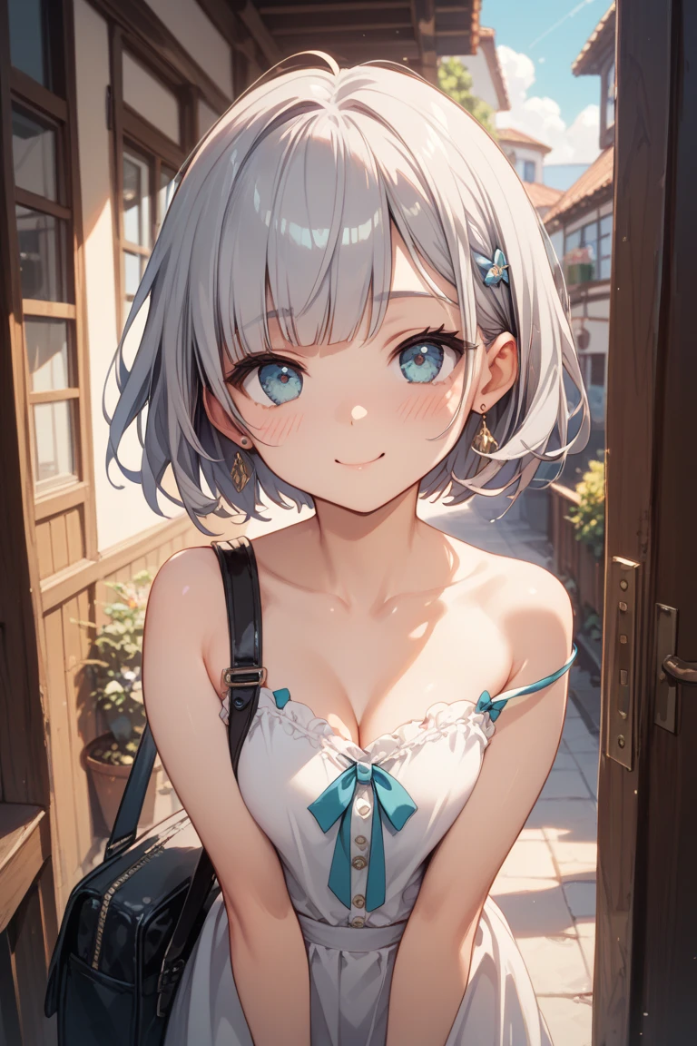 (masterpiece), best quality, highres, ultra-detailed, sharp focus, photorealistic, 3d,  ultra detailed hair, detailed background,  wind effect, wind, grey hair, bob cut, 
happy, parted lips, smile, full-face blush, lens flare, short white camisole,  miniskirt, frilled skirt, from front,  pink skirt, 
Woman looking at me, (Leaning against the wall), from above, (Premonition of a kiss)