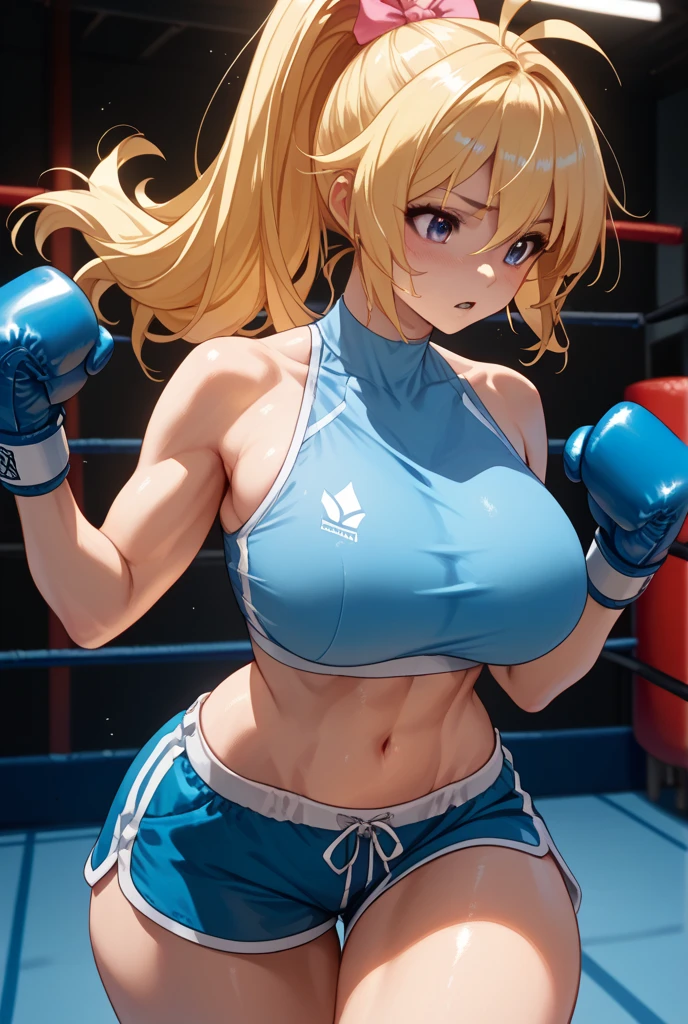((masterpiece)), ((high quality)), ((super detailed)), ((high resolution)) ,((8k)), a beautiful woman, ((She is one of the most famous female Gravure idol in the world.)), unparalleled beauty, ((huge breast)), ((large ass)), ((deep cleavage)), slim waist, chest out, ultra detailed face, perfect skin, (((Half-up hairstyle, Blonde Ponytail hair))), blue eyes, detailed eyes, whole body image, sexy, an inviting smile, sensual, (((anime))), ((glamorous)), sexual attraction, 26 years old, ((incredibly beautiful woman)), ((The H cup bust)), ((((sexy pose)))) , (((Sports Bra, Shorts))), ((beautiful breasts)), beautiful legs, 8 life size, anime, the most beautiful and strongest, ((charm)), ((Half Japanese and half British)), ((Grown-up face)), ((Open Finger Gloves, Five fingers)), ((Mixed Martial Arts, Good at ground fighting, She is injured and falls to the ring.)),
