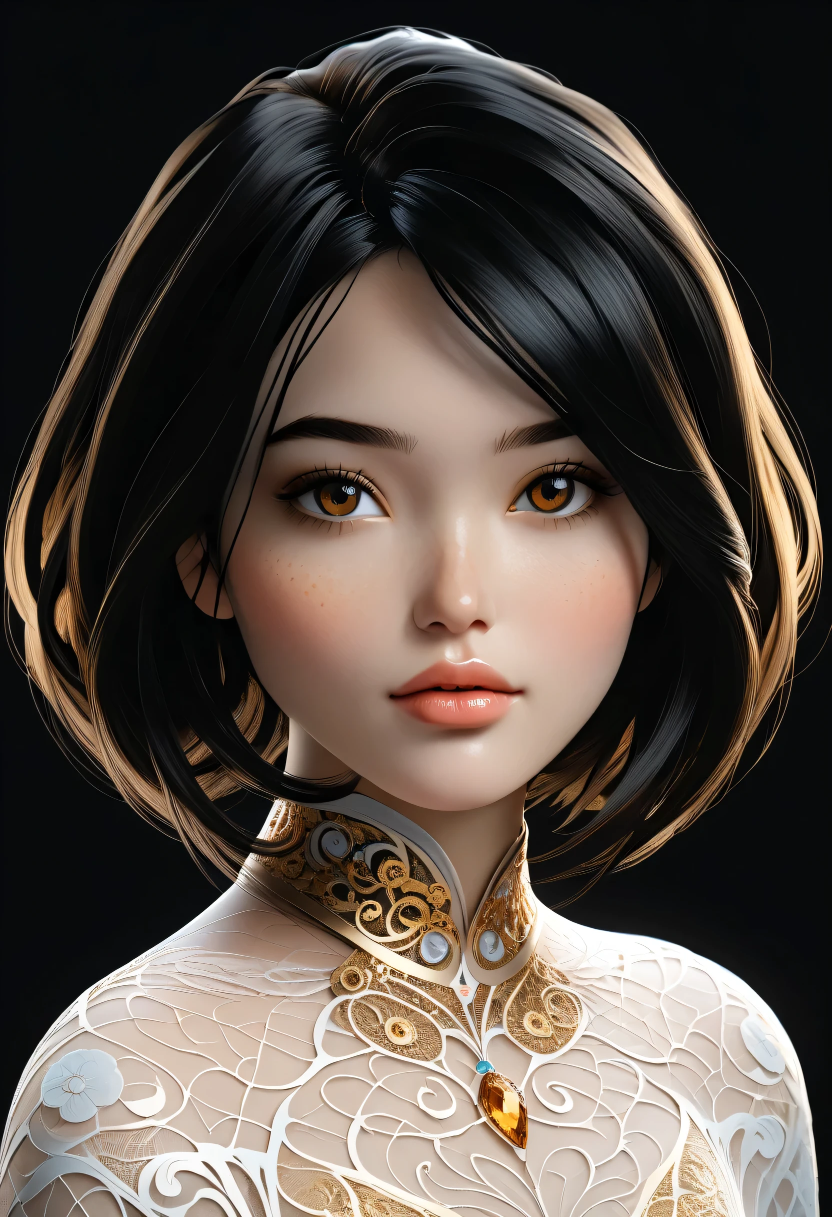 "Conjure a breathtakingly realistic 3D female character in the realm of Unreal Engine 6, where every detail whispers ' lifelike'.
Imagine a young woman in her early 20s, with a radiant, golden-beige complexion that seems to glow from within. Her dark brown hair cascades down her back like a waterfall of night, with subtle waves and golden highlights that dance in the light.
Her skin is a masterpiece of intricate textures, boasting delicate papillary ridges and epidermal patterns on her fingertips, and soft, natural-looking folds around her eyes, mouth, and joints. Veins and capillaries whisper beneath the surface, while subtle skin imperfections - a smattering of freckles, a few moles, and the faintest hint of acne scars - add depth and character to her features.
Her eyes are pools of bright, shining wonder, fringed with luscious lashes and sparkling like gemstones in the light. Her full, luscious lips curve into a gentle smile, subtly glossy and inviting.
Her body is a masterpiece of voluptuous yet slender elegance, with a toned, hourglass physique that seems sculpted by the gods themselves. Every curve and contour seems to have been precision-crafted to create a sense of fluid, organic movement.
Render this breathtaking beauty in Unreal Engine 6's cutting-edge glory, with dynamic lighting, global illumination, and physically based rendering that makes her seem almost real. Aim for a high-poly count of 10 million polys or more, and an output resolution of 4K or higher, to capture every nuance and detail in stunning clarity." In a black background, a strong light slanted in from the upper right corner, the spotlight coming from the upper corner is shining center, hyper-focus on details, solo, alone, sole focus, Jade Chan, black hair, short black hair, beautiful matching brown eyes, eye and pupil symmetry, eyelid symmetry, some facial symmetry, very-detailed lips, very-real lip-texture a certain allure