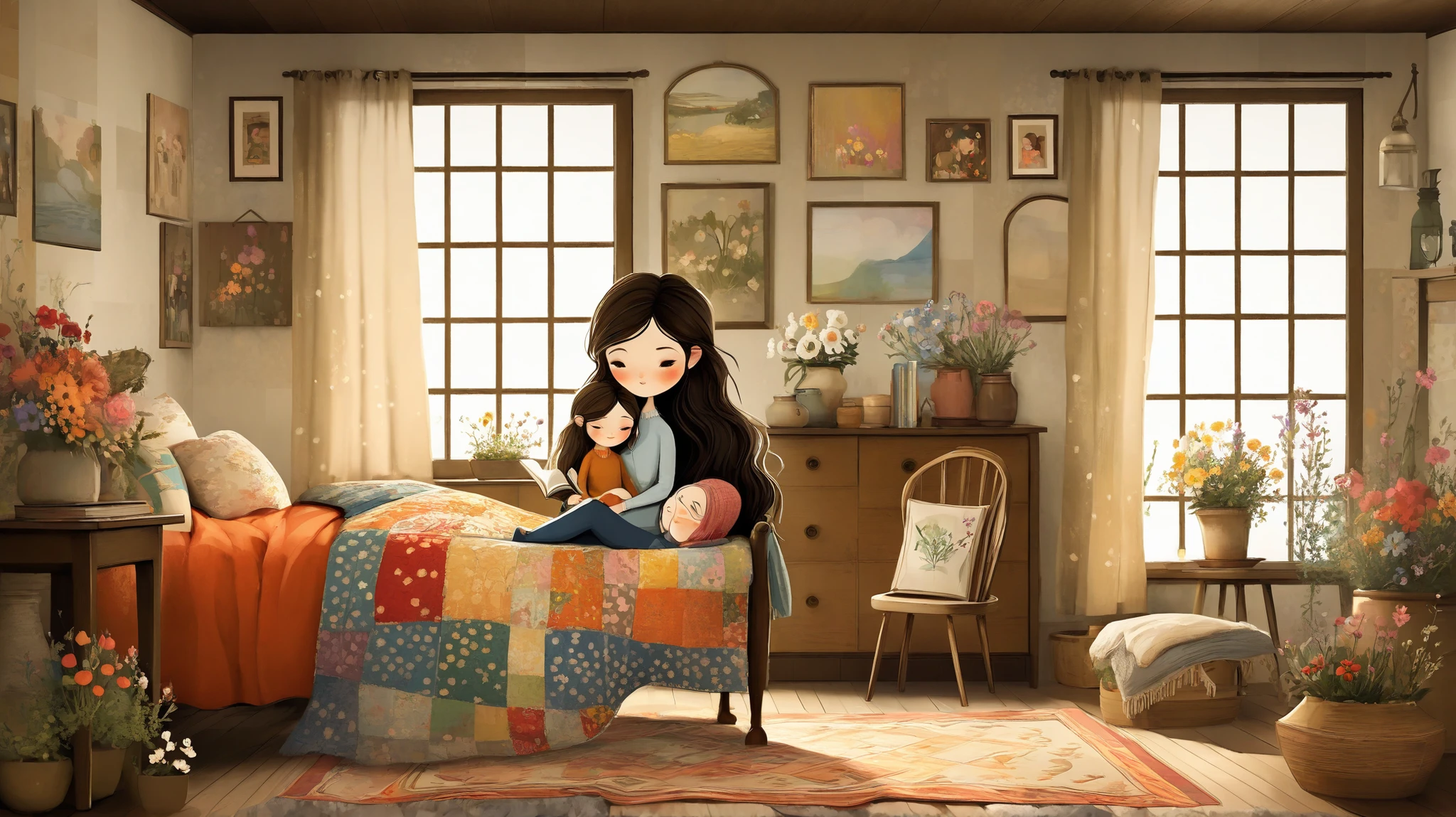 imagine a heartwarming scene of a mother and  reading a book together in a cozy cottage filled with soft, natural light. The mother has long, flowing hair adorned with flowers, and the  is snuggled close, listening intently. The room is decorated with colorful patchwork quilts and whimsical artwork. Rendered in a cute, digital art style, inspired by Margaret Keane and Elaine Hamilton, with anime and 3D anime art influences, reminiscent of WLOP. The overall effect is one of warmth, love, and familial connection.