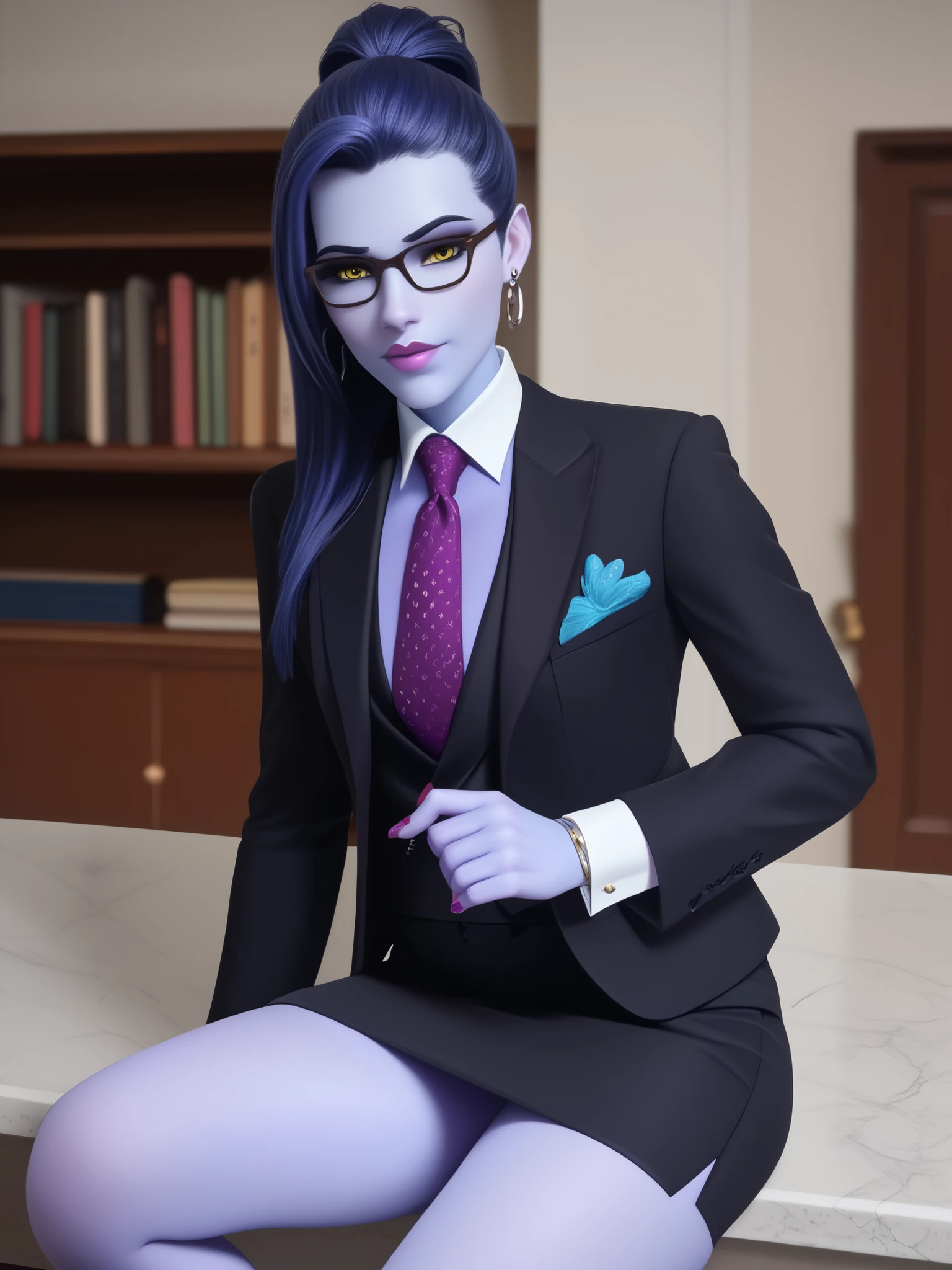 score_9, score_8_up, score_7_up, BREAK, 1girl, solo, widowmaker \(overwatch\), glasses, ponytail,skirt suit, (((three-piece suit))), (((dress shirt))), (((purple necktie))), (((blazer))), (((suit jacket))), (((waistcoat))), double-breasted waistcoat, (((bodycon pencil skirt))), (((stockings))), high heels, pocket square, cufflinks, tie clip, tight clothing, formal clothing, looking at viewer, annoyed, depth of field, indoors, window, depth of field, blue skin