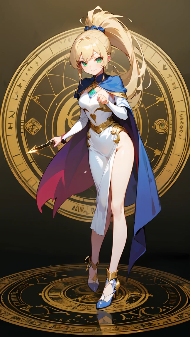 stunningly elf female, muscular sensual body, deep white hair, pale chaik white skin, blue eyes, golden metal sandals, black shackles on legs and arms, white leotard, green cloak, (standing full body looking to the camera), hands behind body, golden enchained legs, golden enchained arms