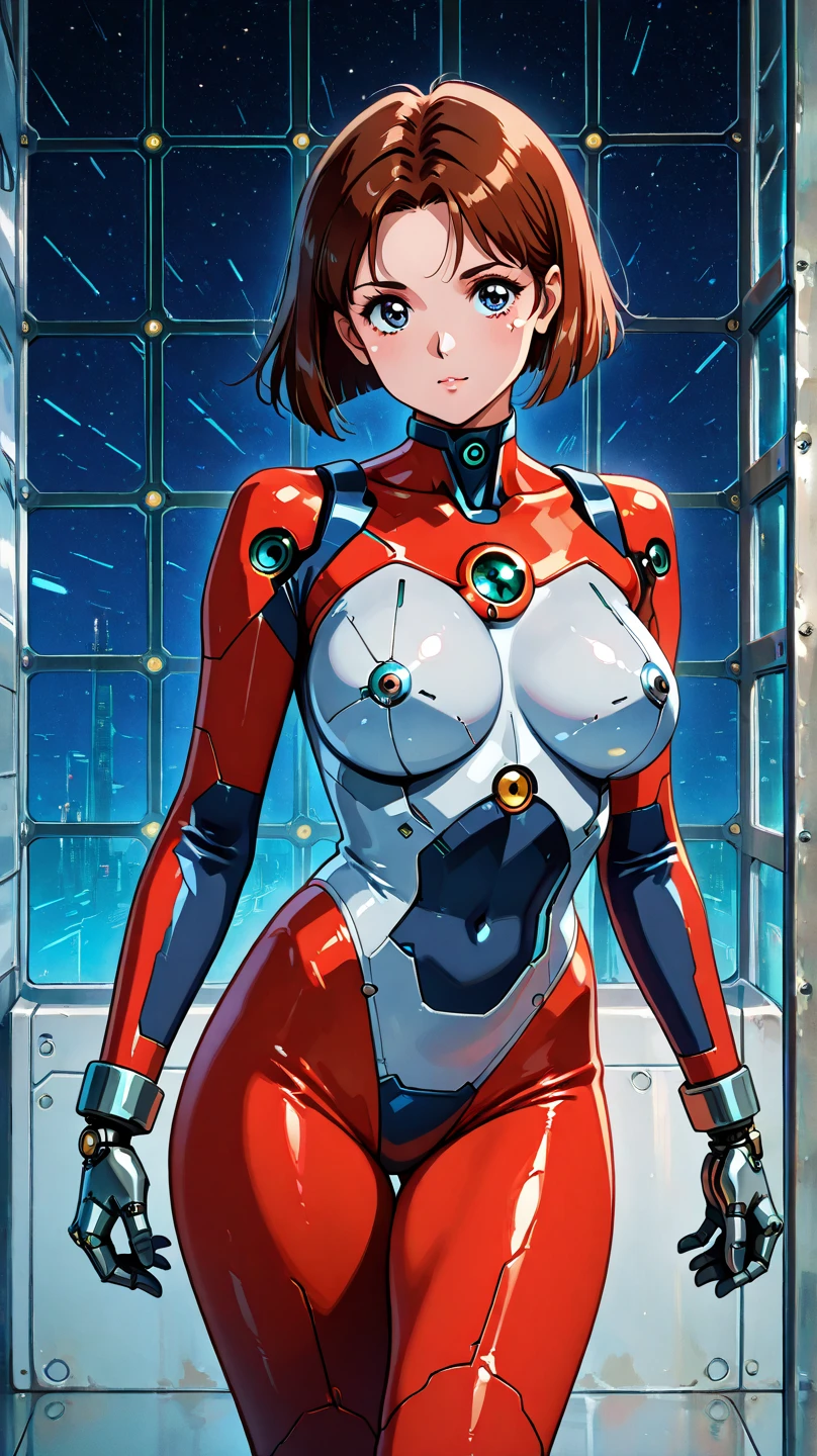 photo of mlp Meowko, RAW, beautiful woman, ((portrait)), ((detailed face:1.2)), ((anime face, anime facial feature, clear skin, glossy anime lips, clear skin), (short lesbian haircut, brunette: 1.55), (perfect proportioned body, Strong, muscular, narrow waist, narrow hips, skinny, massive breasts), ((she is wearing a tight jumpsuit, Neon Genesis Evangelion plug suit, red orange, asuka Langley cosplay, unzipping suit, undressing, Cleavage)), hands behind back, arched back, kneeling on platform, splits kneeling, legs open, mecha background, (realistic photo, best quality, detailed), (8k wallpaper), (bright cinematic lighting, lens flares, beautiful light, (noon:1.3)) (sharp focus, intricate)