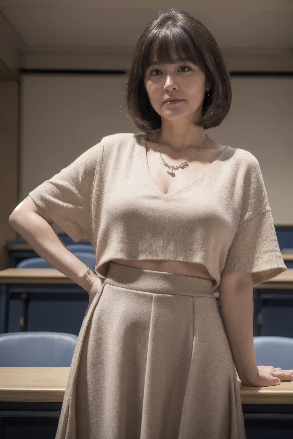 medium shot, photo of skswoman, Classic headshot pose, wearing Sweater and Midi-length shorts, in courtroom, looking depressed, (look at viewer:1.0) (skin texture), Fujifilm XT3, DSLR, 50mm, <lyco:Alexandra Daddario:1.2>