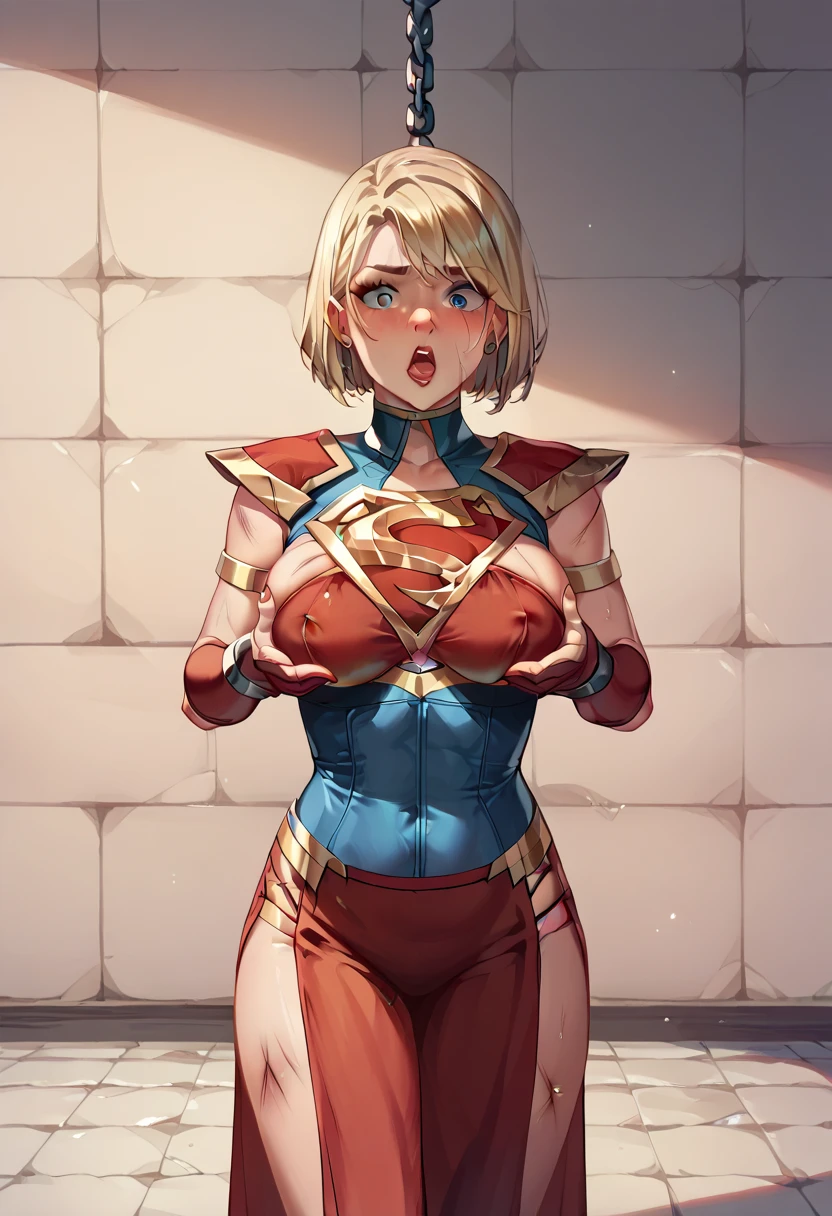 strong man with big straight hair in superman costume