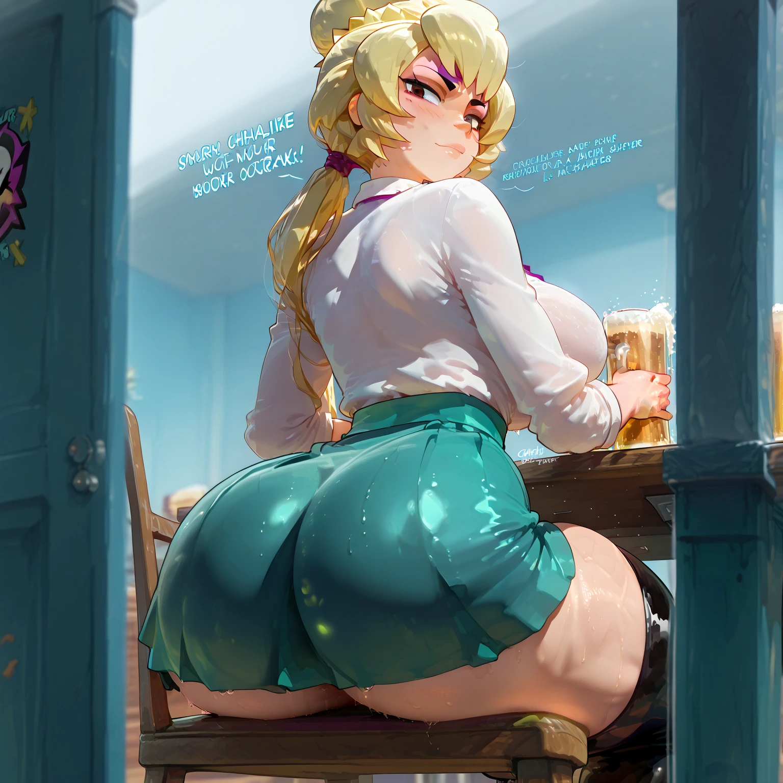 Elf, brown skin, K cup breast, thicc thigh, thong, hat, ultra mini skirt, gold pasties on tits, gyaru, thicc ass, look at behind, night park scene, shy, clear view