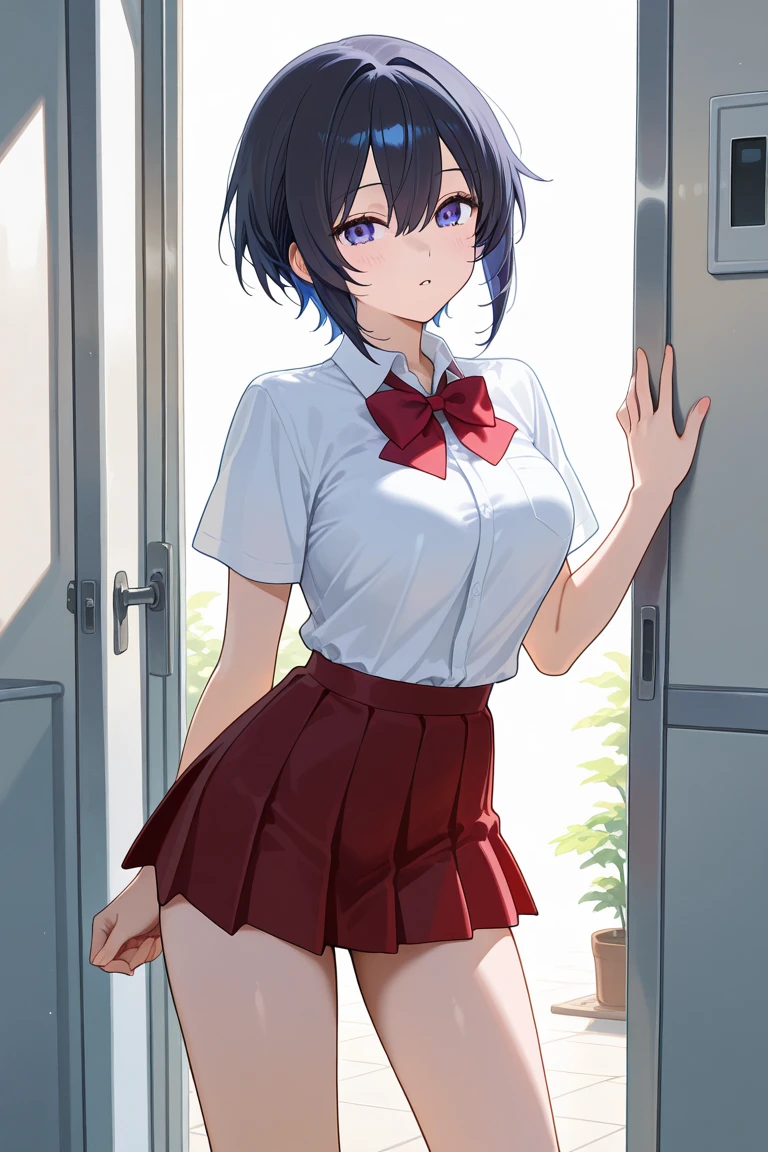 HomuraharaFemale, collared shirt, brown vest, long sleeves, black skirt<lyco:TokyoYouthEighties:2>, TokyoYouthEighties, (best quality, masterpiece, RAW photo,ultra-detailed:1.2), <lyco:GoodHands-beta2:1.0>,1girl,looking at viewer, smile, <lyco:CONCEPT-HomuraharaUniform:1.0> blue hair, show panties, from below, skirt lift,