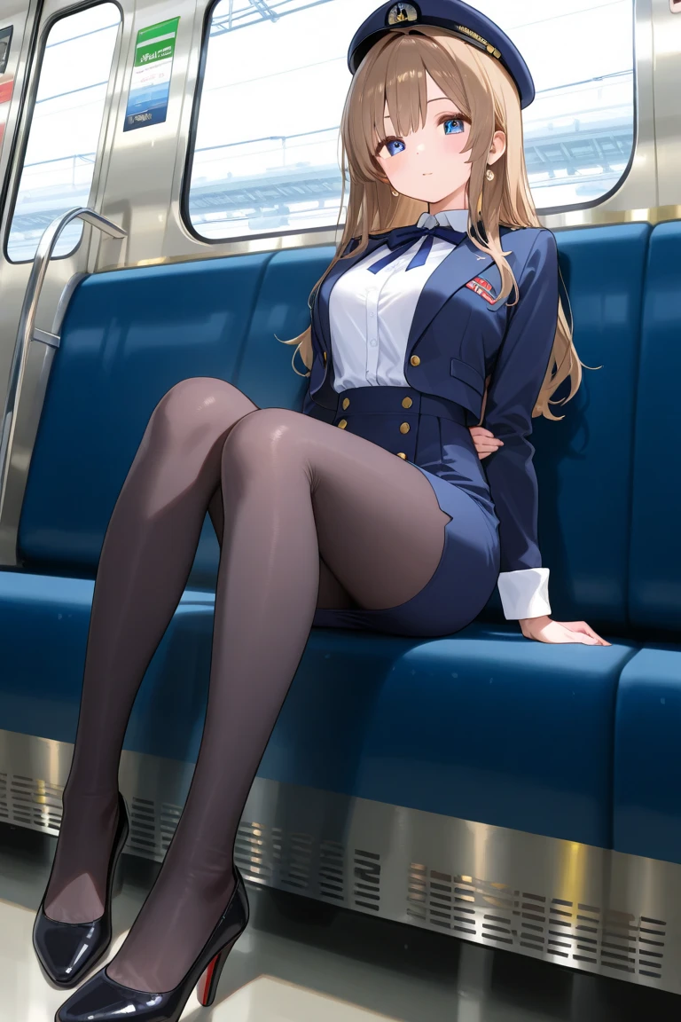 NSFW, photorealistic, top-quality, masterpiece, 1 Korean women , female only, ABSOLUTELY NO MALE, absolutely no men, VERY crowded female only subway train interior detailed scenario, VERY crowded Korean female only subway train interior detailed background, sitting fetal position down on subway chair insanely hot (woman 1), (blonde hair) using sexy ((school uniform)), (((lifted skirt)), (thick thighs), (slightly neutral expression) (black tights pantyhose), (showing feet), slightly blushed face,